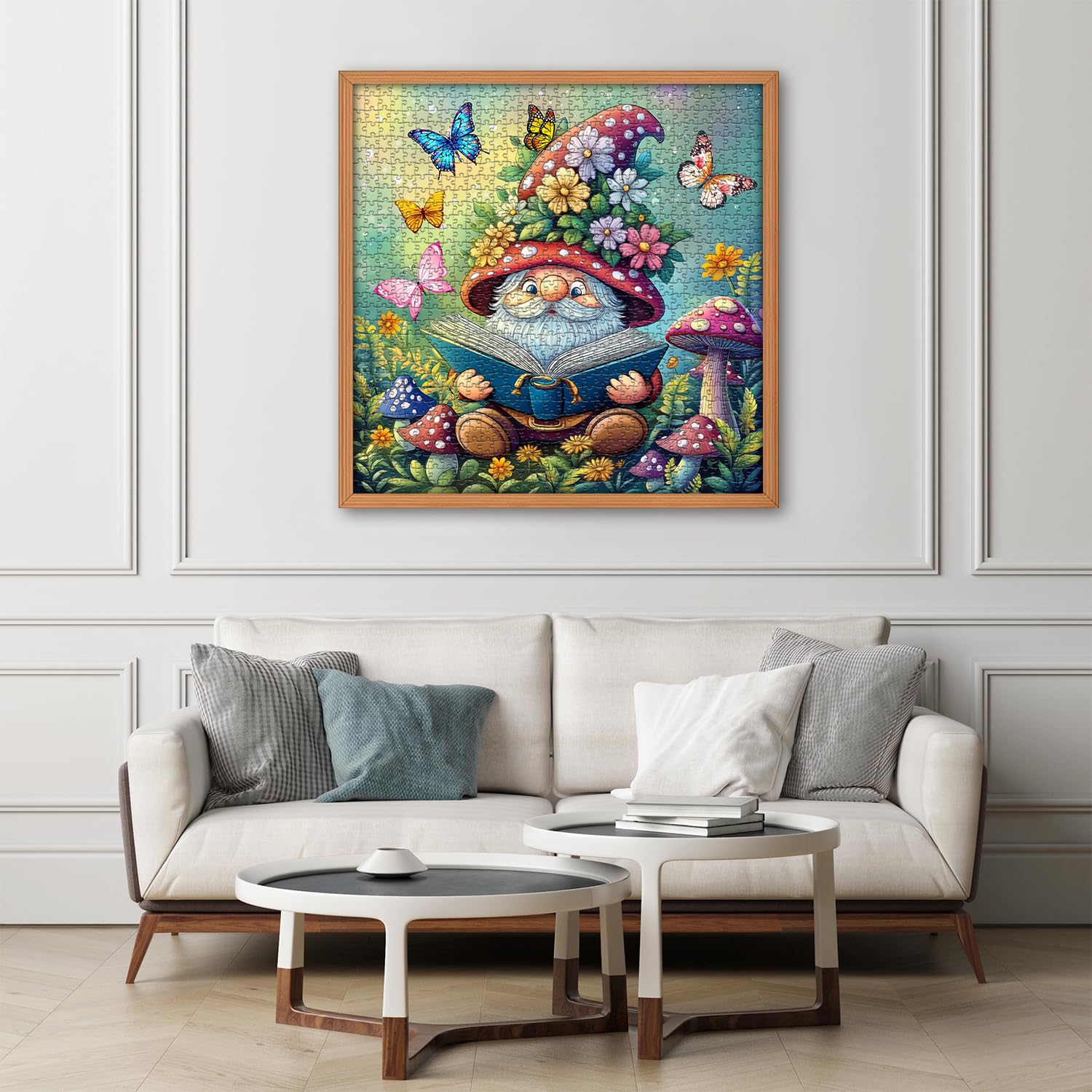 Śmieszne puzzle krasnale dla dorosłych, 1000 sztuk, natura, grzyb, motyl, ogród, tematyka, uroczy wiosenny krasnal kwiat, wyzwanie