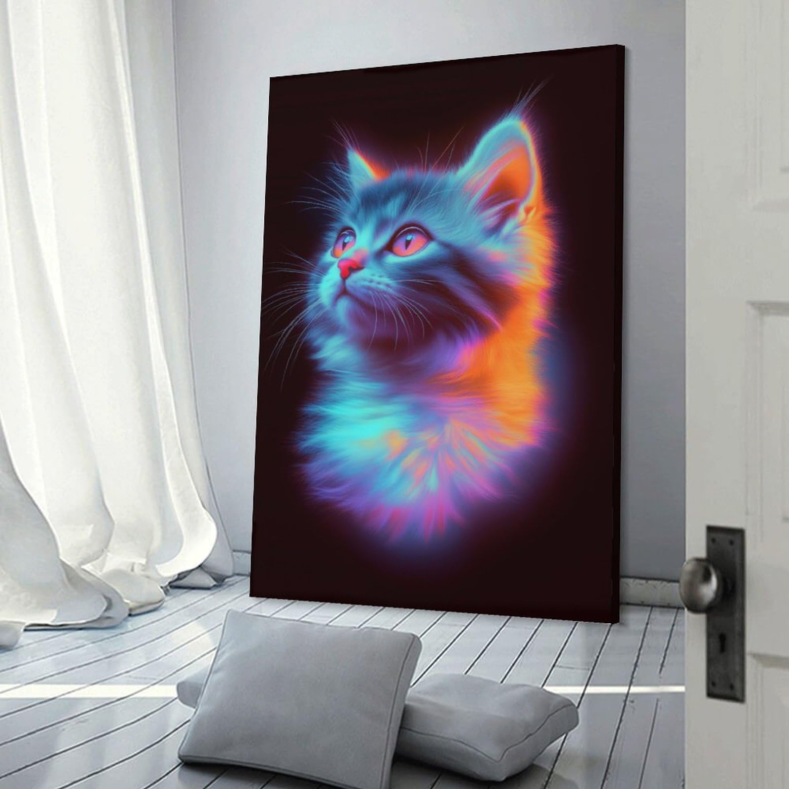 Junmoney Neon Kitten Portrait Canvas Wall Art, 12x18inch(30x45cm), for Bedroom Decor, Cosy Corners Or Studios, Stylish Decor for A Restful Room Update