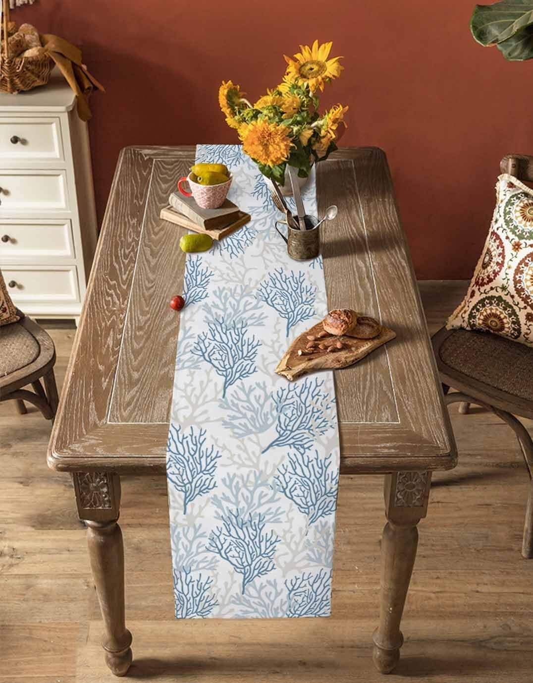 Chemin de Table en Coton et Lin Bleu Corail 13"x60" - Parfait for Une décoration sur Le thème de la Plage en été(Blue Grey Coral,13x60 inch)