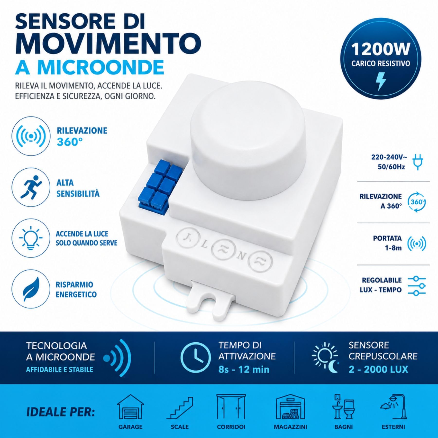 4 sensores de movimiento de microondas 360° de superficie, detector de presencia para luces 220 V, distancia ajustable 1-8 m, temporizador 8 seg-12 min, sensor crepuscular 2-2000 lux, IP20, 55 x 41 x