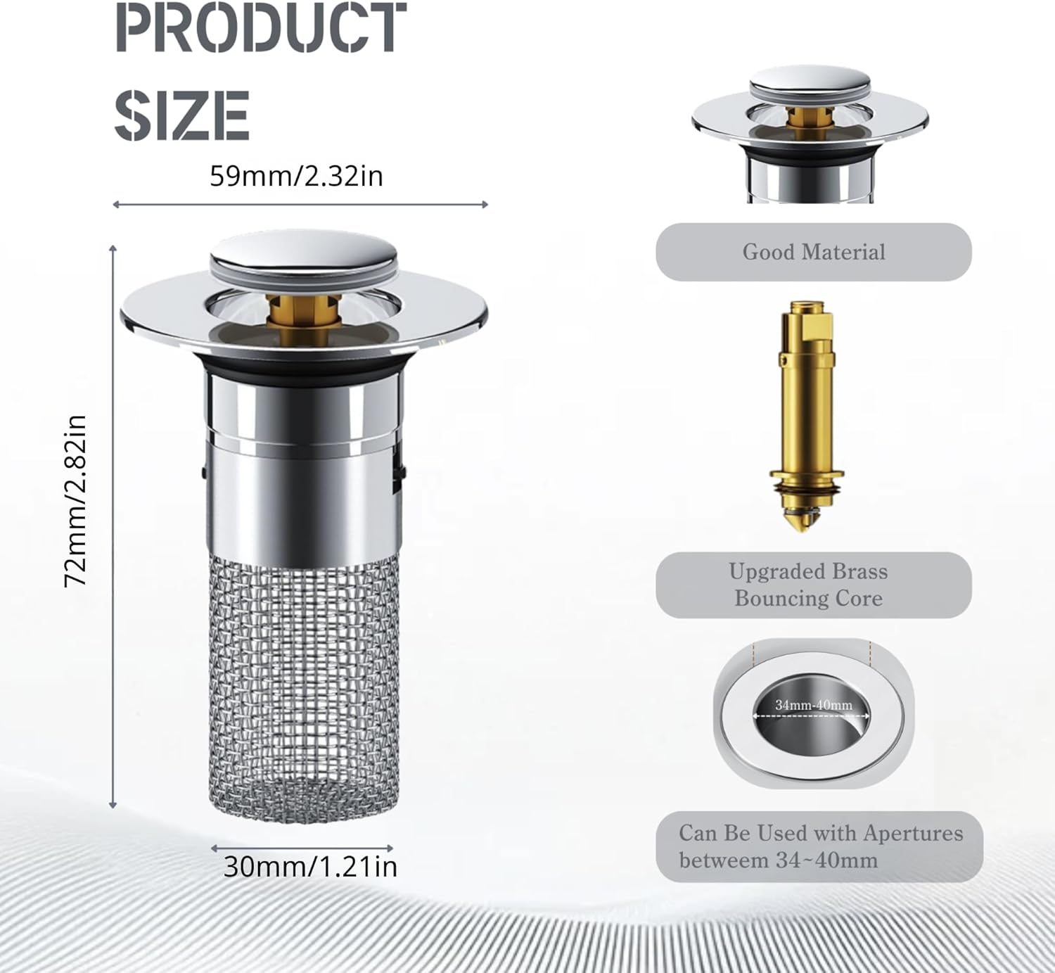 Sink Drain Strainer, Pop Up Bathroom Sink Stopper Stainless Steel Floor Drain Filter with Basket Hair Catcher - Image 7