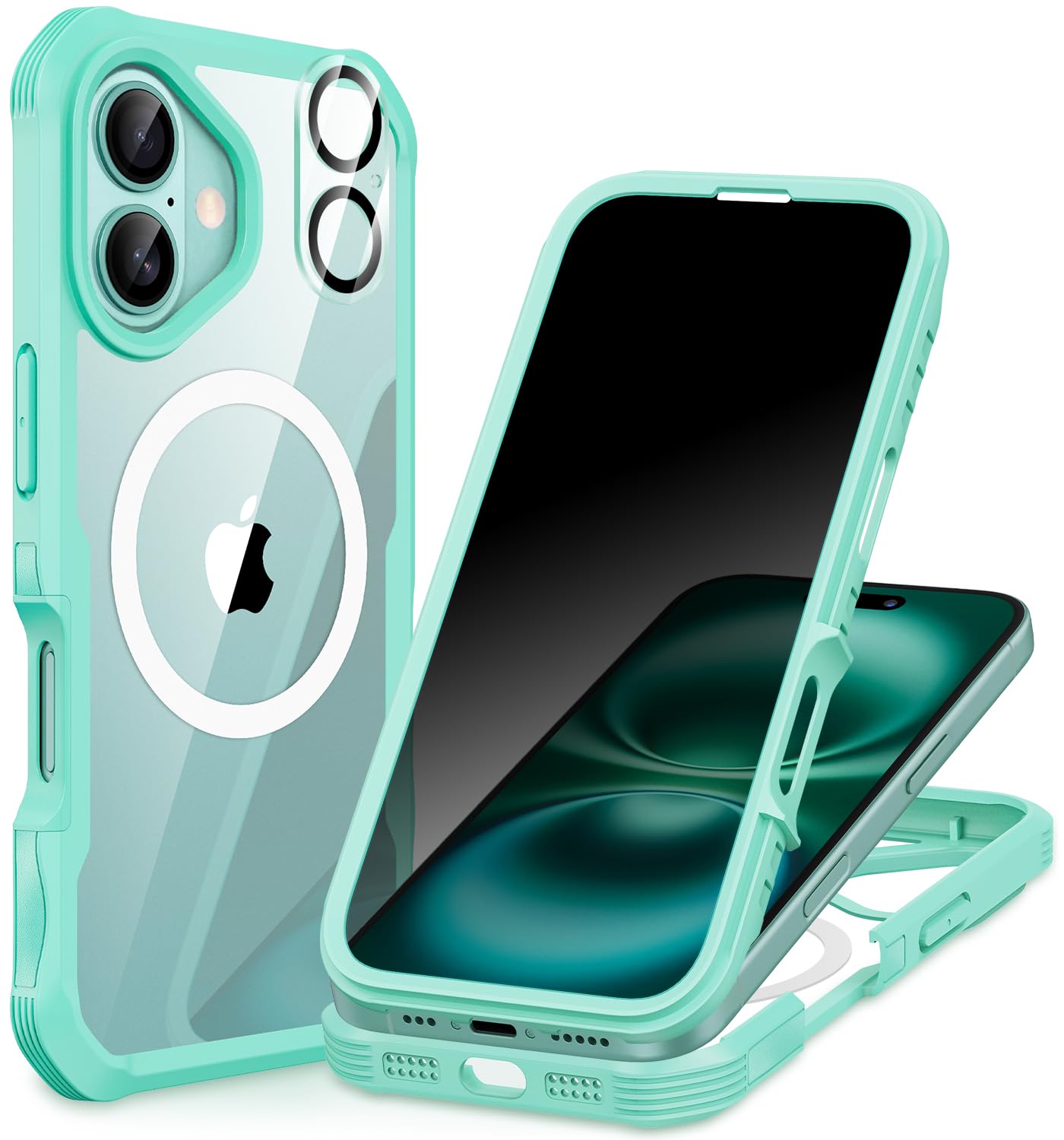 CENHUFO Magnetica Privacy Cover iPhone 16, [Compatibile con Magsafe] Integrata Vetro Temperato Anti Spia Schermo e Protezione Fotocamera, Custodia Antiurto 360 Gradi Rugged Doppia Faccia Case -Verde