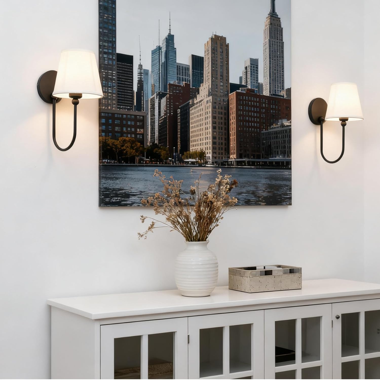 Pathson Set of 2 White Fabric Wall Sconces, Hardwired Curved Arm Bathroom Vanity Lights, Indoor Wall Decor Lamp for Living Room, Kitchen, Bedroom, Foyer