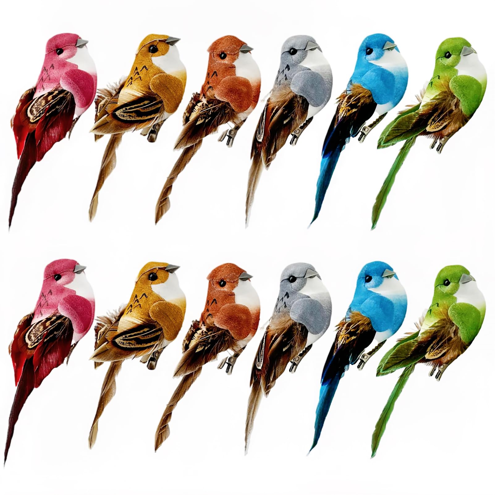 12PCS Clip on Small Artificial Birds for Spring Tree Decoration & Crafts - 4Inch Simulation Realistic Feather Song Bird for Christmas Tree Wreaths