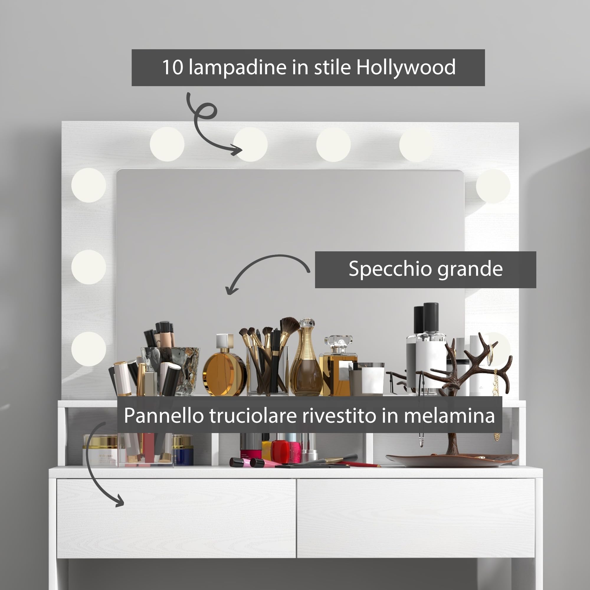 HOMCOM Toeletta Trucco con Specchio e 10 Luci LED Regolabili a 3 Colori, Postazione Trucco con 2 Cassetti e 3 Scomparti, per Camera da Letto, 80x40x135 cm, Bianco