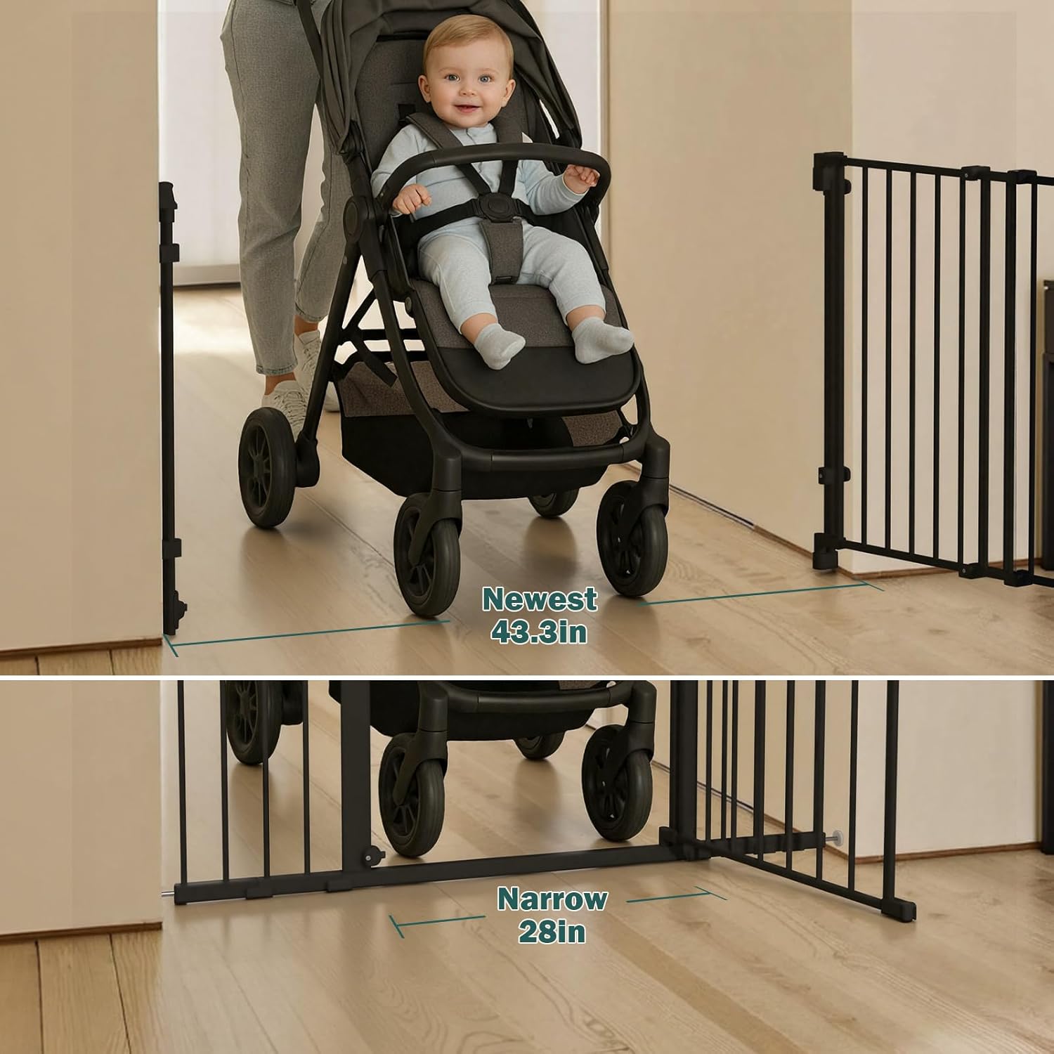 Mumeasy 29.5-43.3" Baby Gate for Stairs, No Bottom Bar Dog Gate with Removable Door & Slide-Adjust Drill Mount, Extra Wide Stairway & Hallway Walk Thru Pet Safety Gate for Doorways, Kitchen (Black)