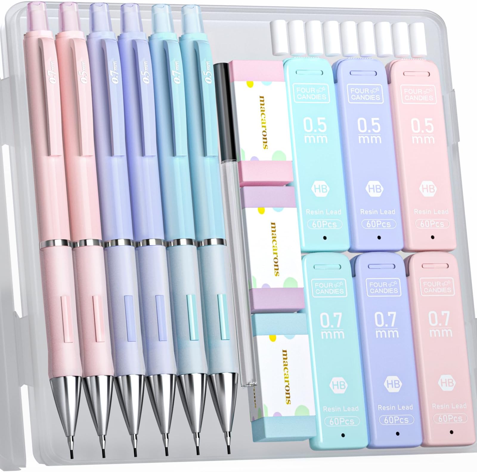 Set of 4 Candy Pastel Mechanical Pencils - 6pcs 0.5mm & 0.7mm Pencils HB #2 360 Refills, 3 Erasers, 9 Eraser Refills, Cute School Supplies for Student Writing and Drawing