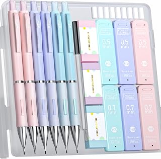Four Candies Pastel Mechanical Pencil Set with Case, 6 Pieces Lead Pencils 0.5 & 0.7 mm, with 360 HB Pencil Leads, 3 Erasers, Cute Mechanical Pencils Children for Drawing, Writing, Sketching