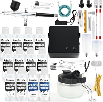 Roizefar Airbrush Cleaning Kit, Airbrush Cleaning Pot with 6 Airbrush Cleaner and 2 Thinner Airbrush Kit with Compressor, 55 PSI Non-Clogging Air Brush Painting Set Perfect for Painting, Modeling
