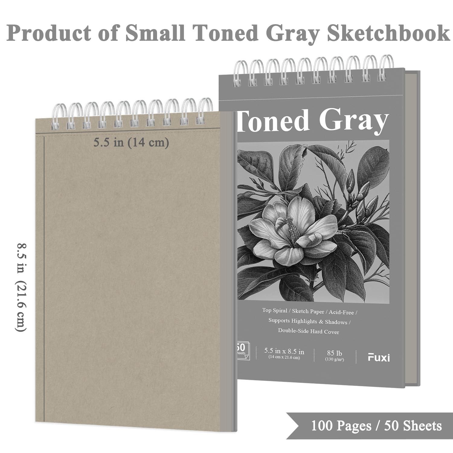 Cuaderno de bocetos gris tonificado de 5.5 x 8.5 pulgadas, 50 hojas (85 libras/130 g/m²), papel gris tonificado, cuaderno skech de tapa dura encuadernado en espiral para dibujo de resaltados y bocetos