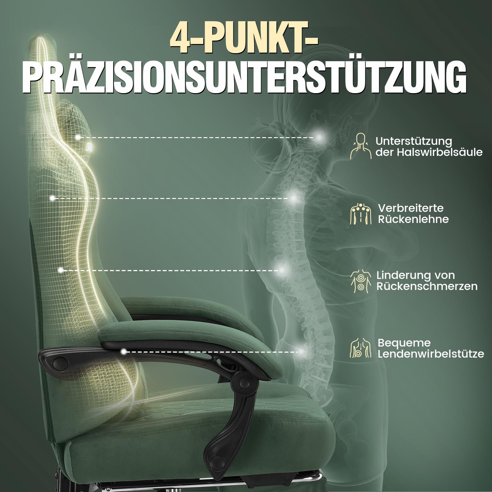 GTPLAYER Sedia Gaming Poltrona Gaming Tessuto Sedia Gamer Ergonomica Ufficio Sedia PC 150 kg Sedia da tavolo regolabile e girevole con Cuscino di seduta a Molle e Poggiapiedi, Verde