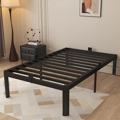 Marco de cama individual de 14 pulgadas, marco de cama negro tamaño individual con deflectores de metal, no necesita somier, soporte de plataforma