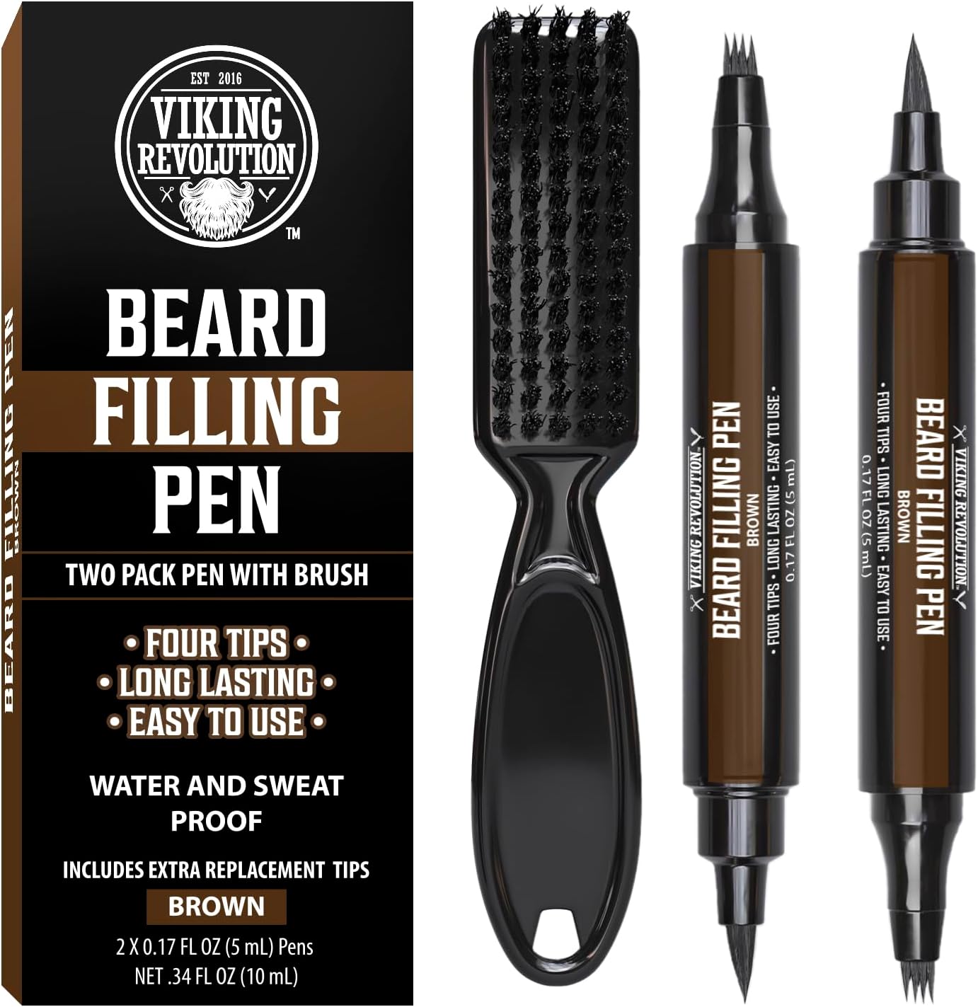 Viking Revolution Beard Pen (2 Pack) - Brown Beard Pencil Filler for Men Lapiz para Barba de Hombre - Beard Filler for Men Waterproof Beard Filling Pen Kit - Long Lasting Beard Filler Pen with Brush