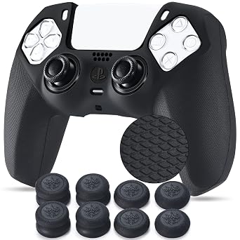 YoRHa Grip Texture Silicone Cover Skin Case for PS5 Controller x 1Black with Pro Thumb Grips x 8