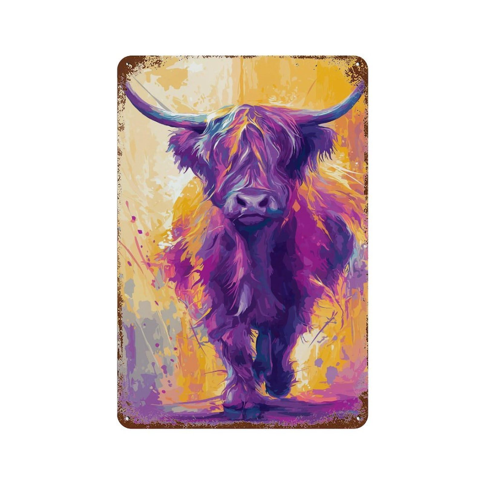 Rust Effect Colorful Highland Cow Painting Aged Metal Wall Plaque 11.8"x7.9", Shabby Chic Decor for Living Room, Hallway And Home Decor
