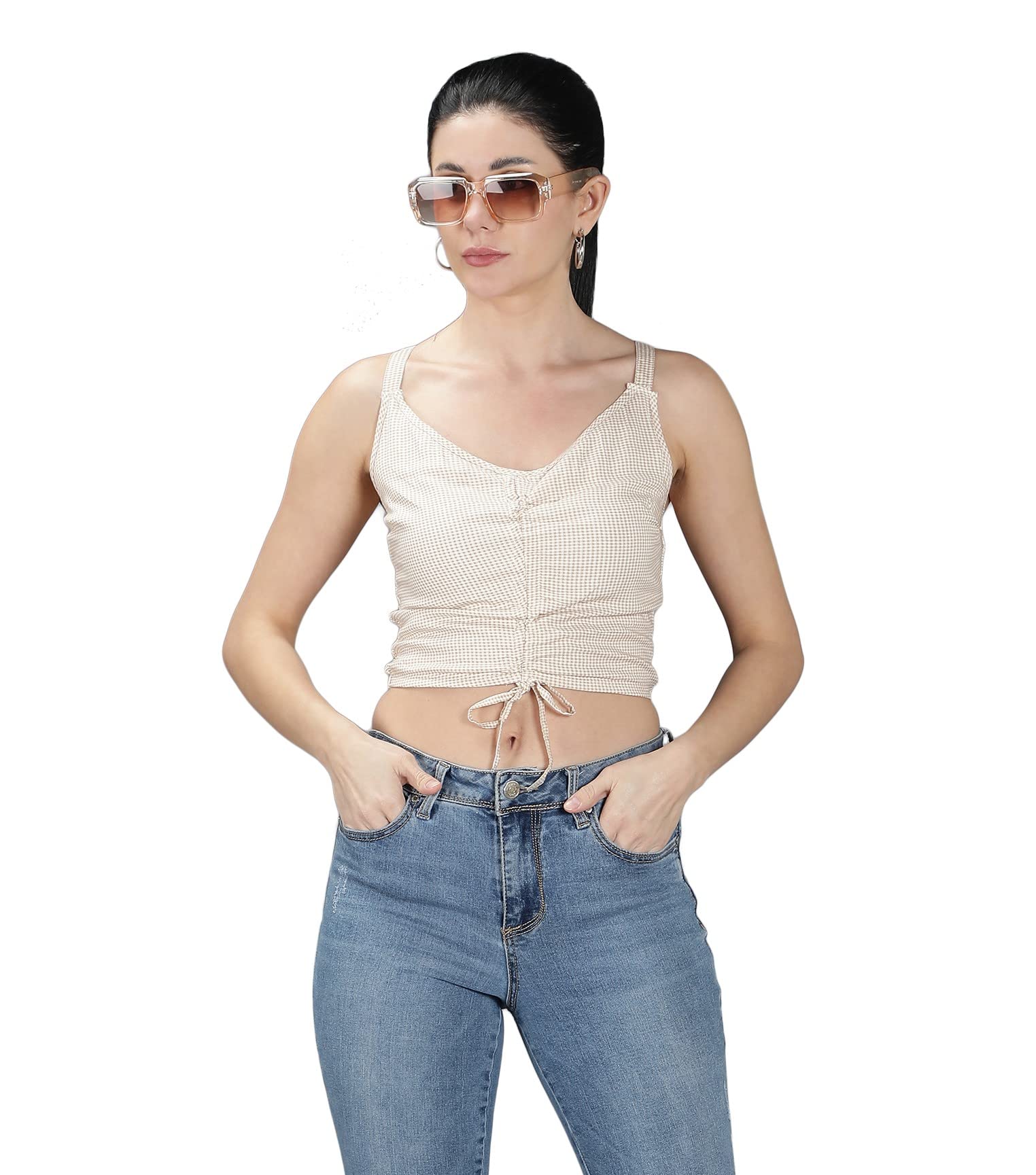 NUEVOSDAMAS Women Rayon Gingham Printed Smocked Crop Top-image-49