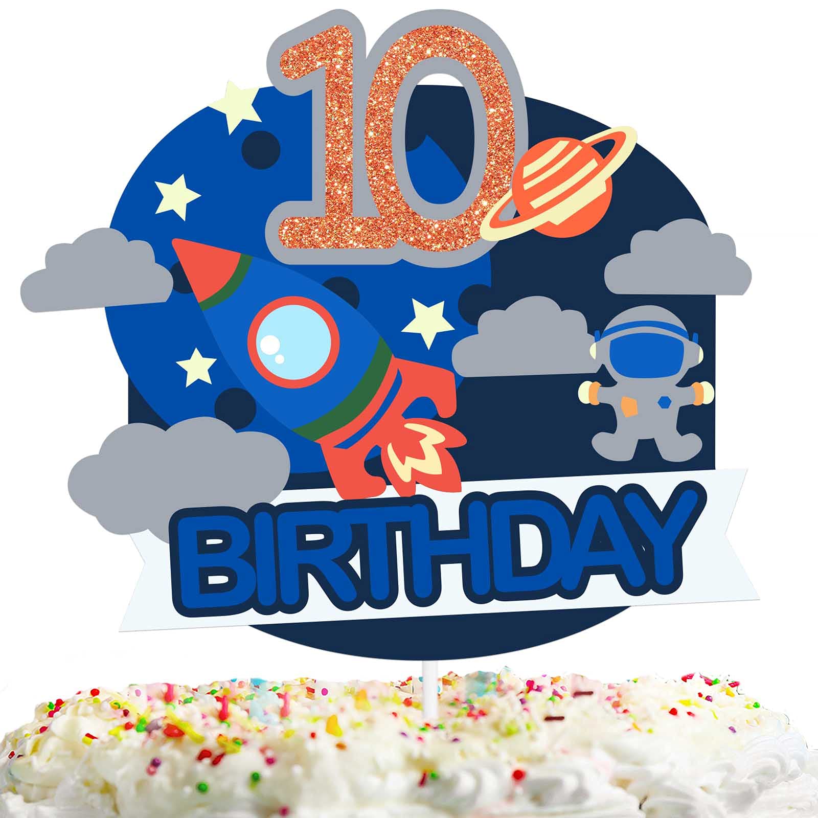 Astronaut Planet Cake Decor Space Cake Topper with Happy 10th Birthday for Boys Girls Outer Space Theme Party Decoration Supplies Cheer to 10 Years Old Silver Silver Glitter