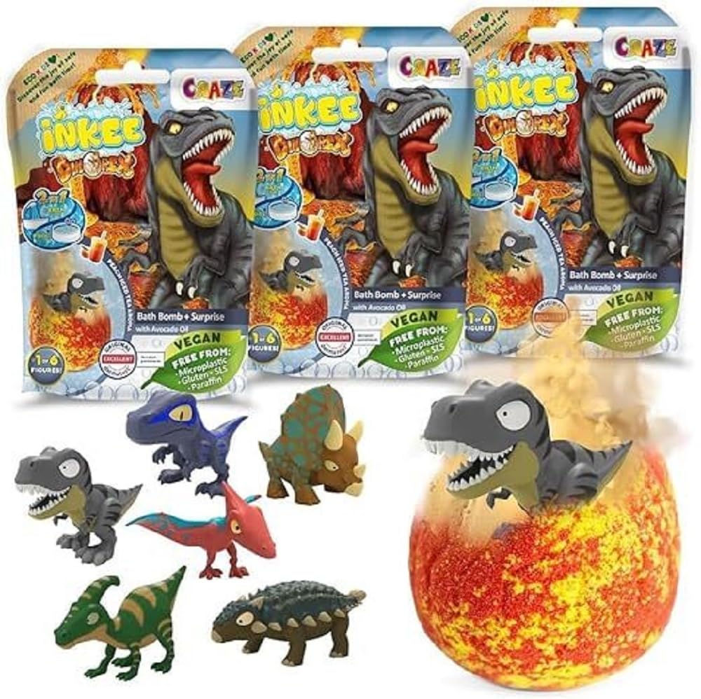 CRAZE INKEE DinorexPack de 3 Bombas de baño para niños con figura Sorpresa de Dinosaurios, Bombas de baño con olor a Frambuesa, incluye 80g, 1 de 6 diseños, Sin Gluten