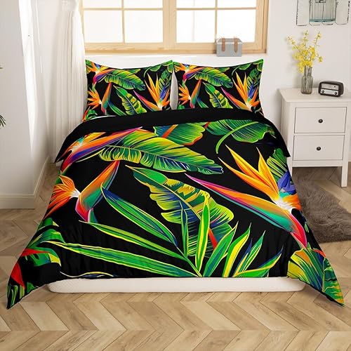 Erosebridal Juego de funda de edredón tropical con diseño de árbol para niños y niñas, con hojas de palmera y plantas verdes, cubrecamas de hojas