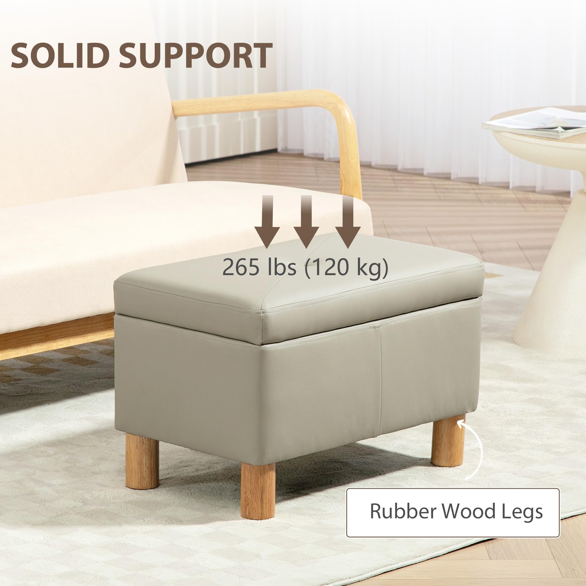 HOMCOM Camera da letto Storage Chest 33L Puff Storage Panca imbottita in PU con gambe in legno per corridoio, soggiorno 60x38x40 cm Grigio Chiaro