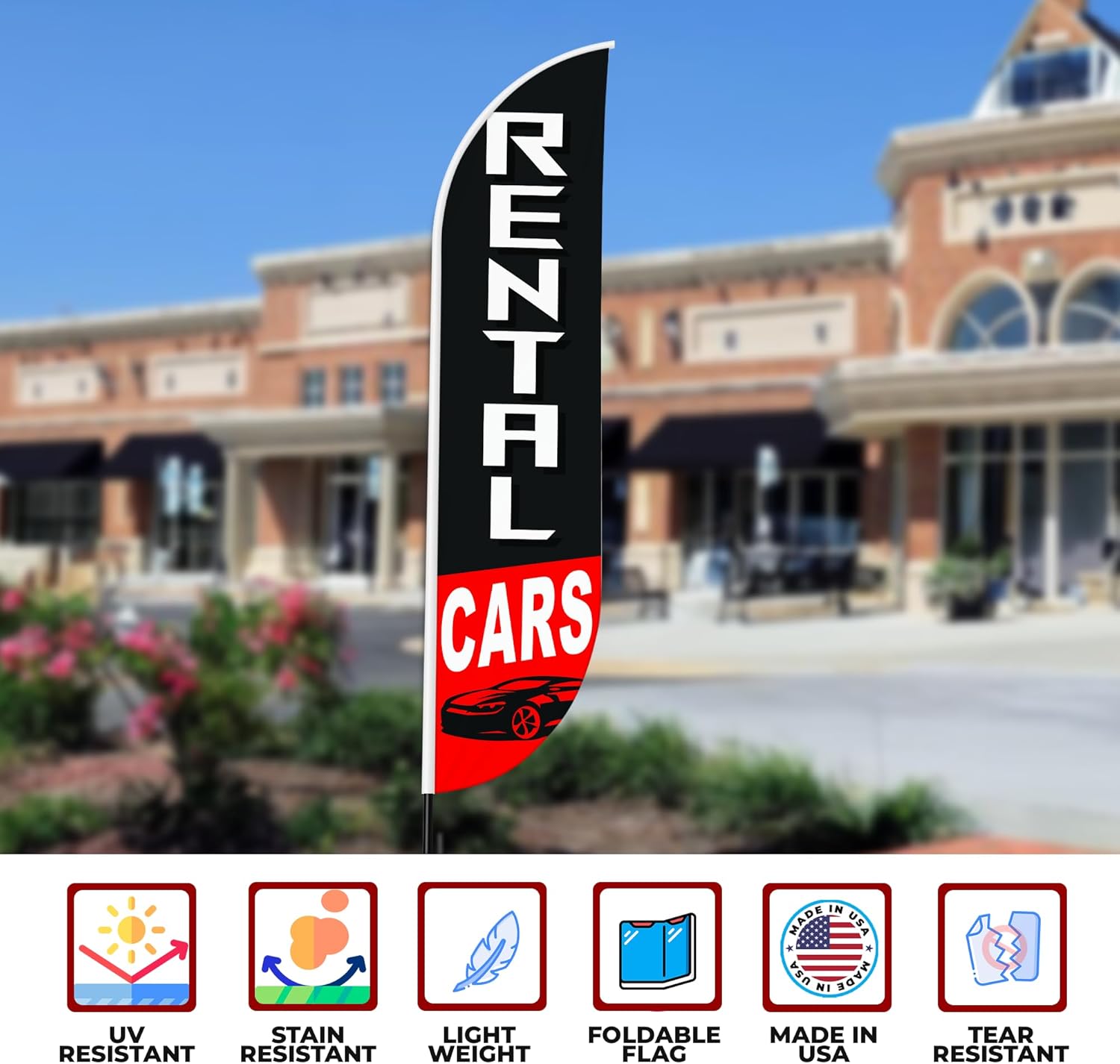 Rental Cars Sign feather flag for Outdoor by Mavis Printing | 11.5 FEET Long Polyester Outdoor Banner Flag for Easy Hang | HD Print Swooper I Flag Only to Advertise Car Business I Flag Only