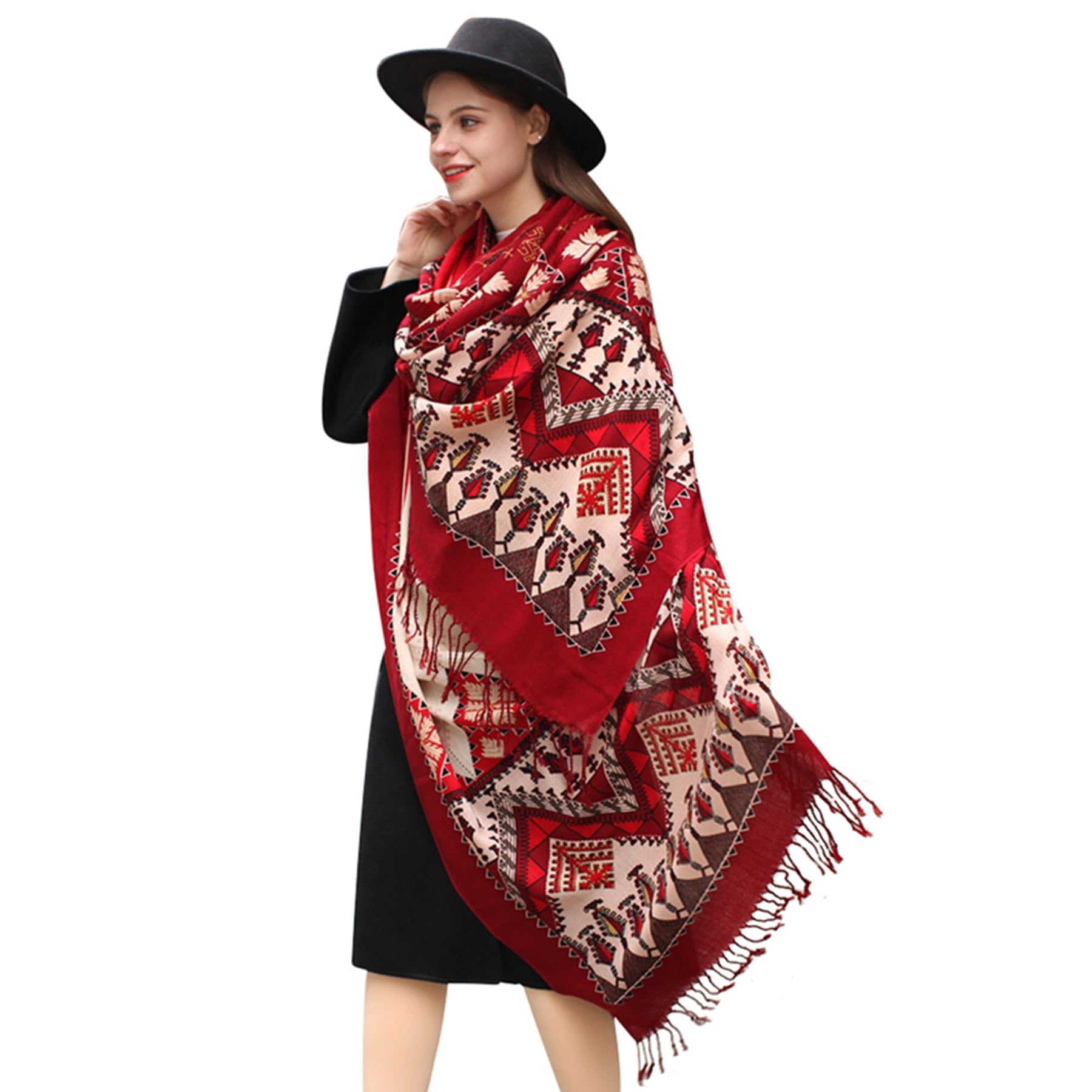 DANA XU 100% Merino Wool Pashmina Shawl for Women 96"x43", Oversized Cashmere Wrap with Tassels, Floral Travel Blanket Cape, Crimson Camel Folk Diamonds, 96 * 43 INCHES