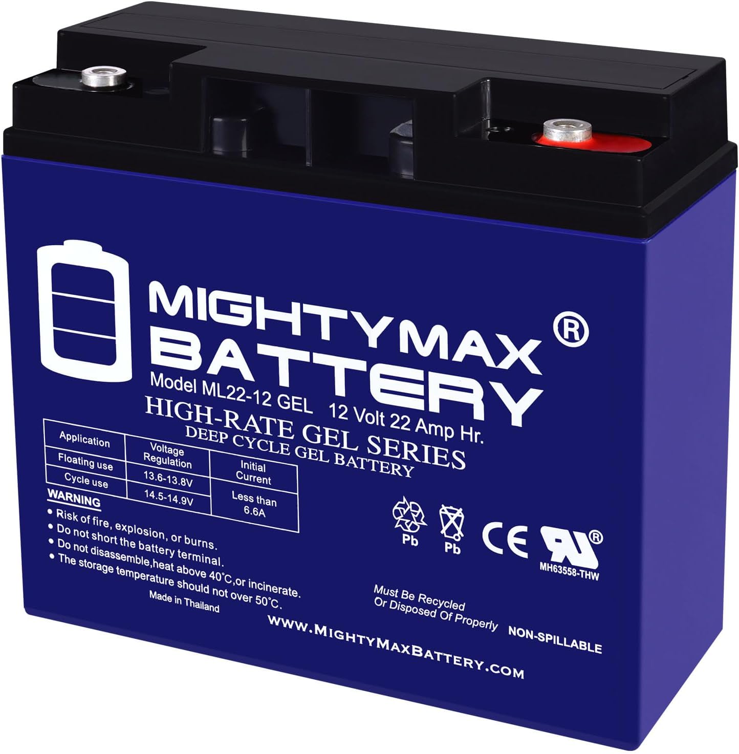 Mighty Max Battery ML22-12 GEL - 12 Volt 22 AH, GEL Type, Internal Thread (INT) Terminal, Rechargeable SLA AGM Battery