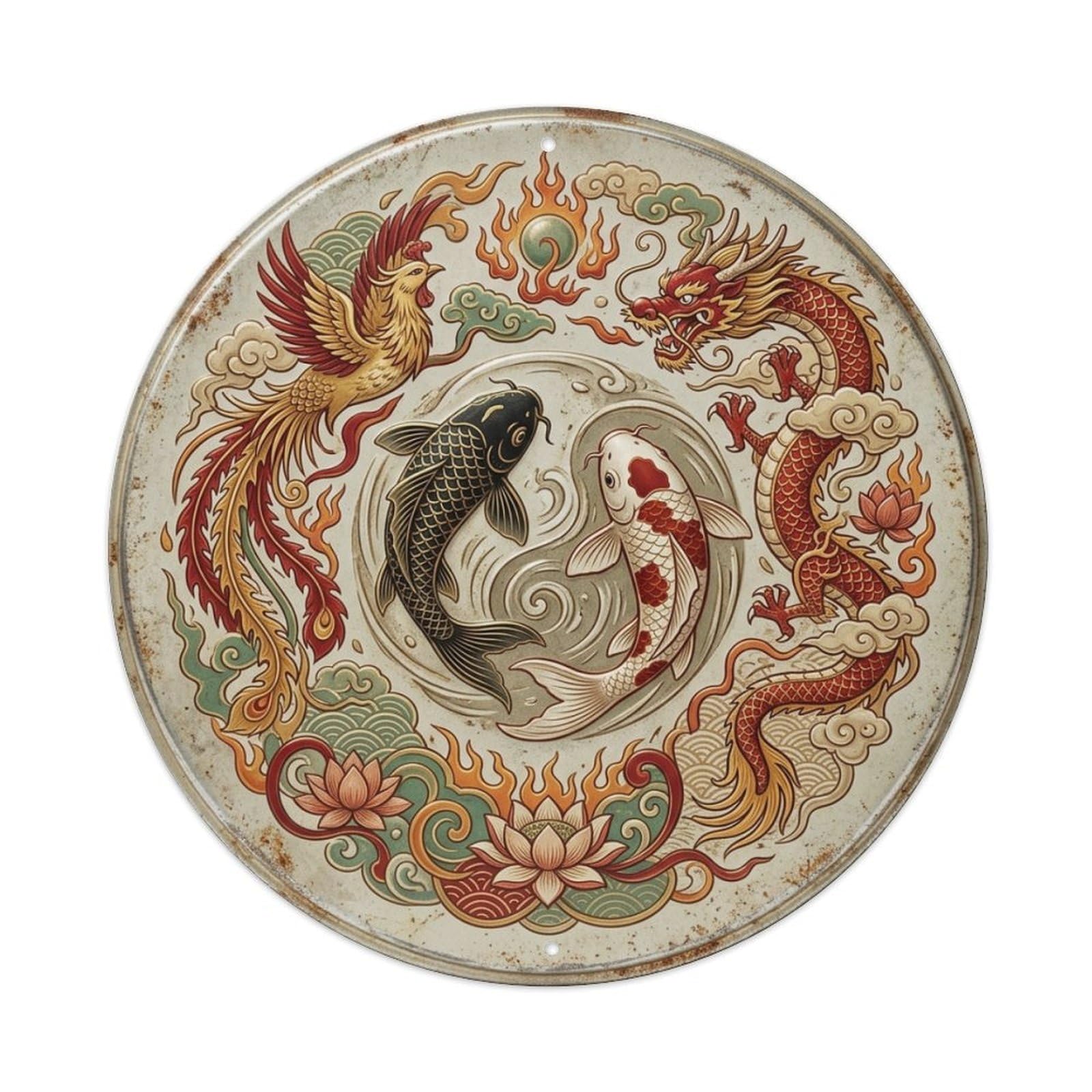 Dragon Phoenix Union Koi Fish 1 Vintage Metal Tin Sign Plaque Wall Decor for Cafe, Club Bar, Office, Garden Metal Poster 8x8Inch