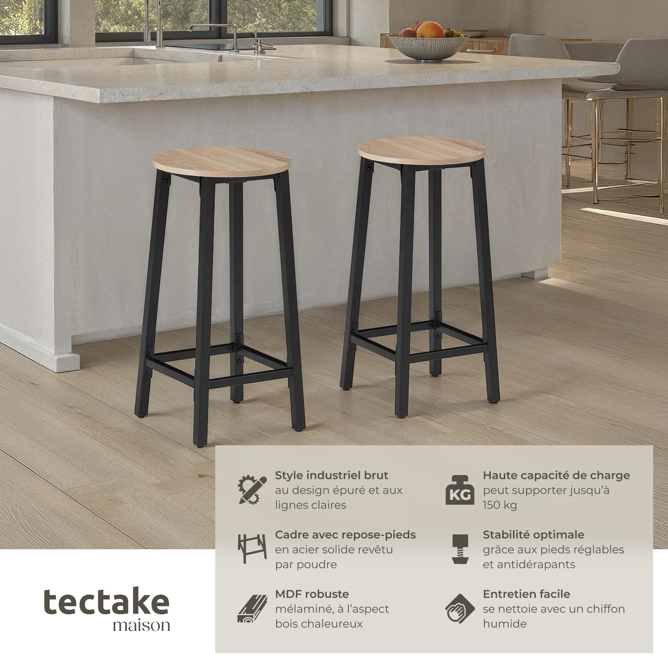 tectake® Tabouret de Bar, Ø 32 x 66 cm, Lot de 2 Tabouret Bar Style Industriel, Chaises Hautes avec Repose Pied Chaise Mange Debout Tabourets Cuisine Salle à Manger Chaise ilot Central, Bois Clair