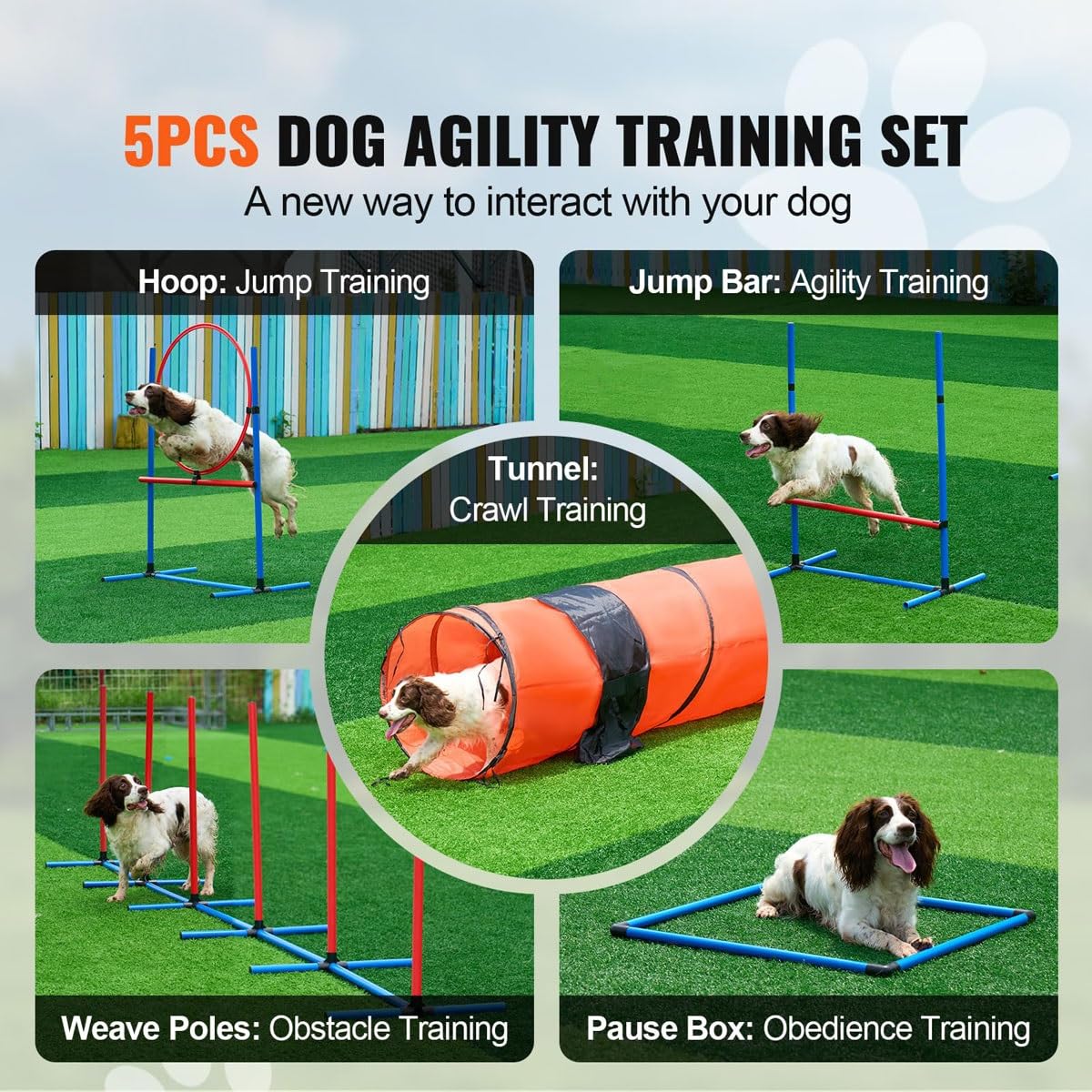 Hunde-Agility-Trainingsausrüstung, tragbares Hunde-Agility-Parcours-Set for den Garten mit 9 Fuß Hundetunnel, Sprungring, Pausenbox, Welpen-Hindernisparcours-Set mit Aufbewahrungstasche