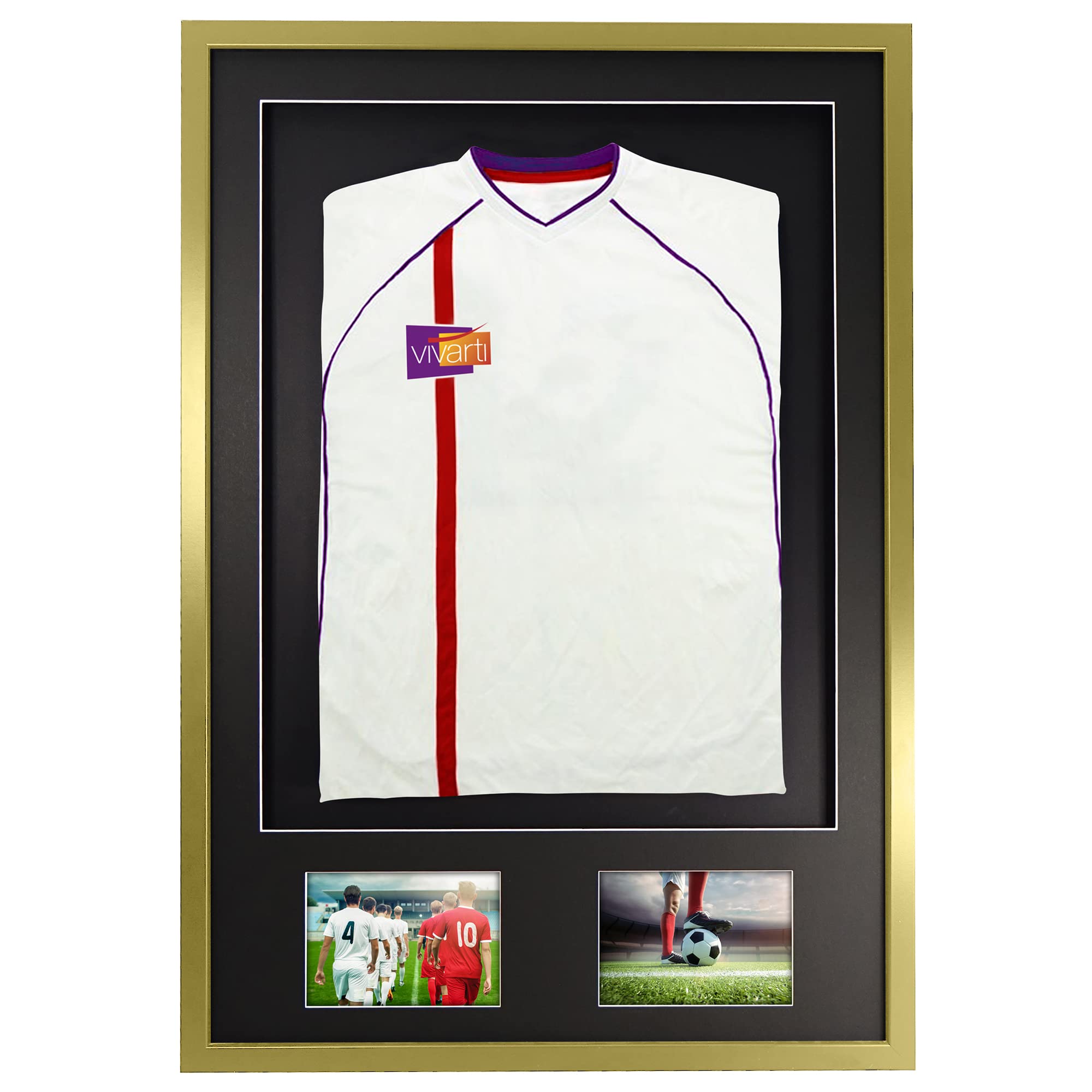 Vivarti DIY Adult 3D Mounted + Double Aperture Sports Shirt Display Frame for Football Shirt, Rugby Shirt, Band T-Shirt Shadow Box - 61 x 91.5cm - Gold Frame, Black Mount, Black Backing Card