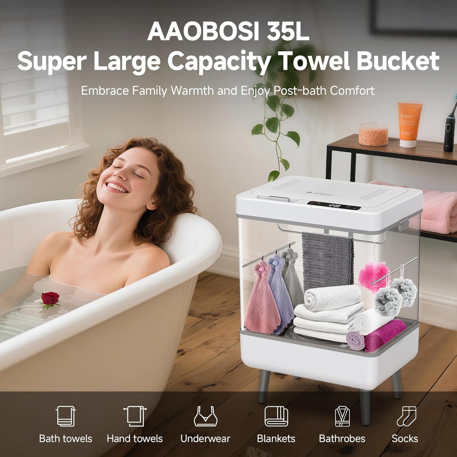 AAOBOSI Towel Warmer Bucket,4 in 1 Heating-Drying-Delay-Foldable 35L Quick Towel Blanket Warmer, Led Display, Timer & Auto Shut Off Portable Compact for Bathrooms, Spas, Apartments