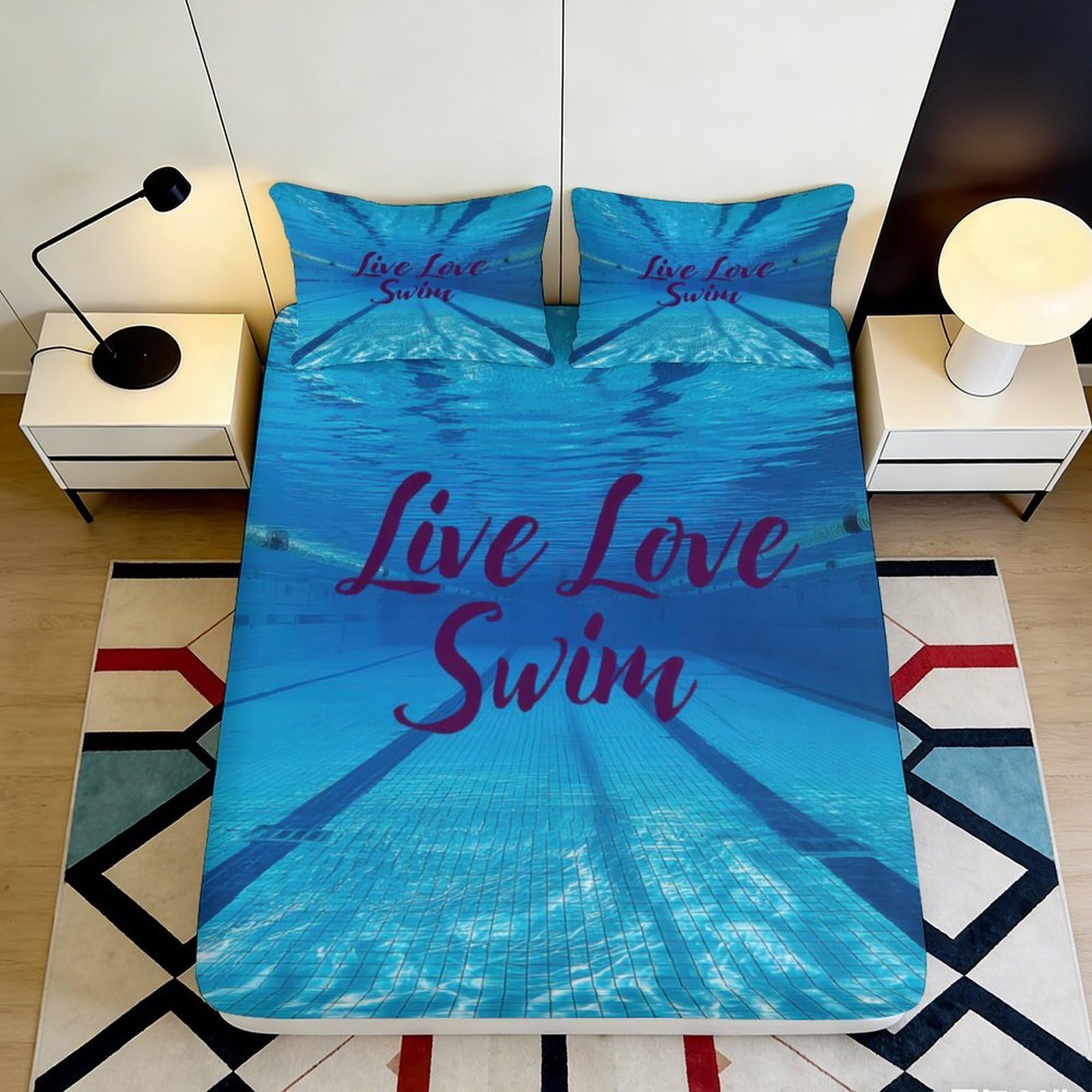 3D Printed Swimming Pool Underwater Fitted Sheet Microfiber Anti-Slip Mattress Cover Blue Water Decor for Bedroom Dorm 90x200x25cm