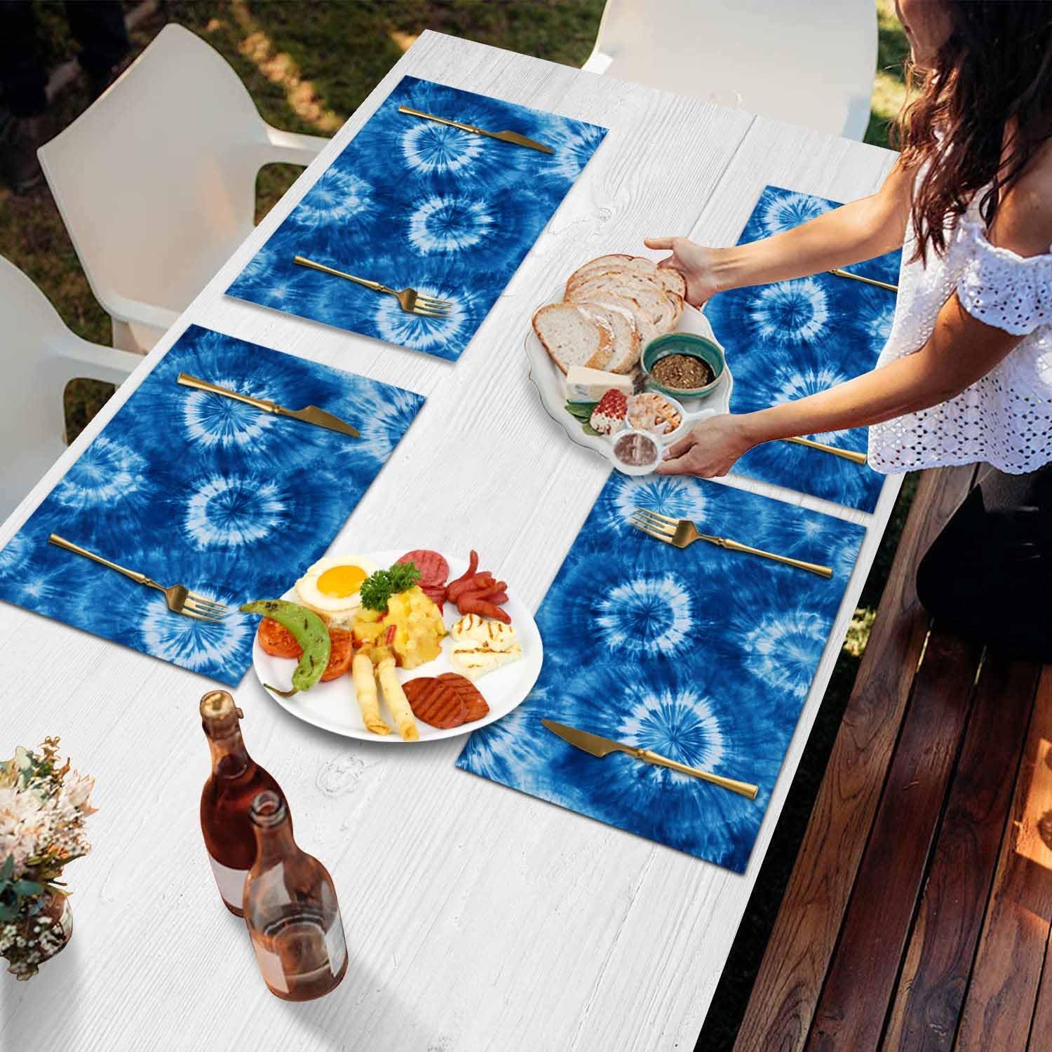 Table Placemats Set of 8,Ethnic Style Blue Tie-Dye Texture Heat-Proof Washable Place Mat,Abstract Classic Tribal Art Linen Placemat for Kitchen Dining Holiday Party Banquet Tables