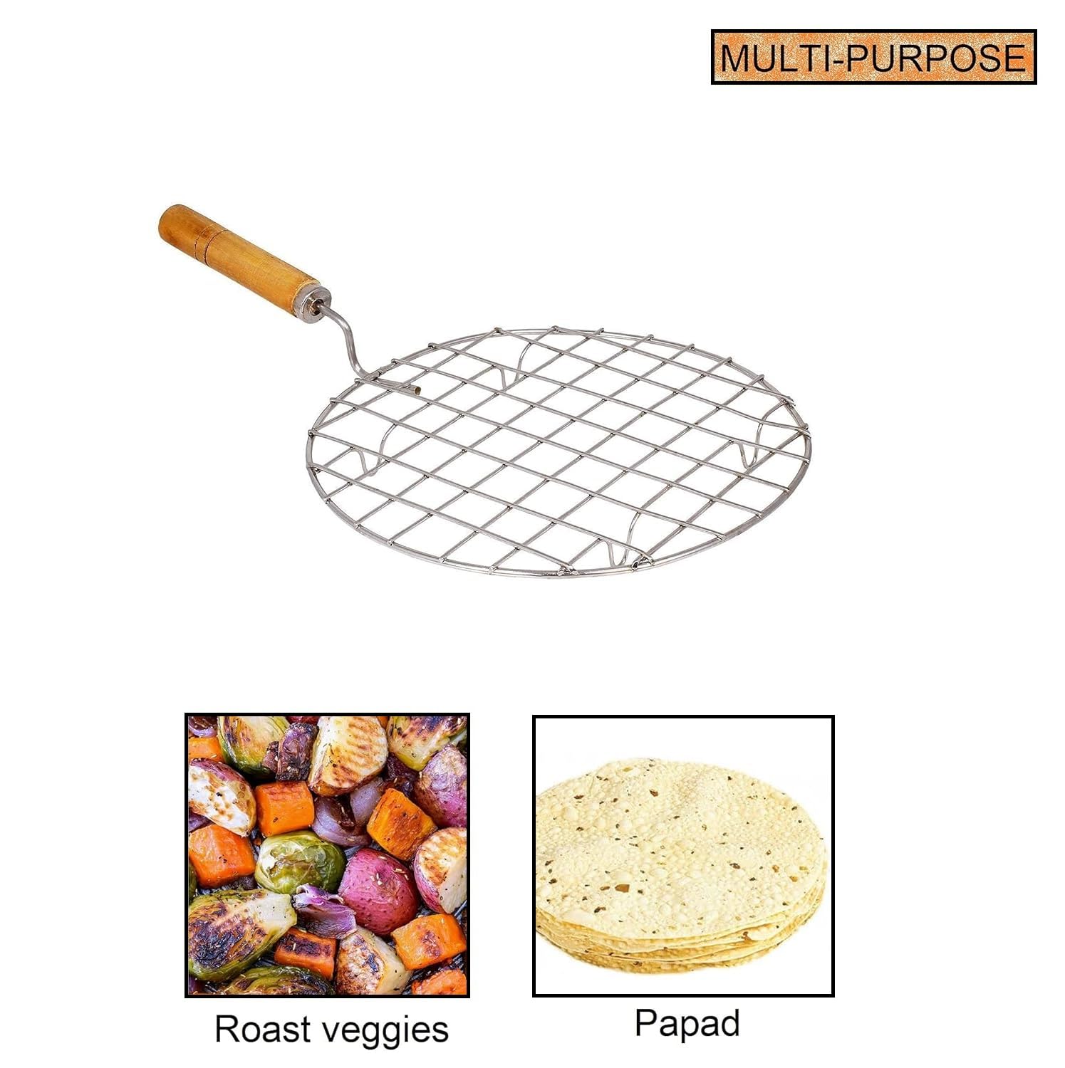 Qebham Roaster Barbecue Net Jali Griller Chapati Toast Grill with Wooden Handle Steaming Cooking and Baking Barbeque Jali for Roti, Paneer (Round) 1