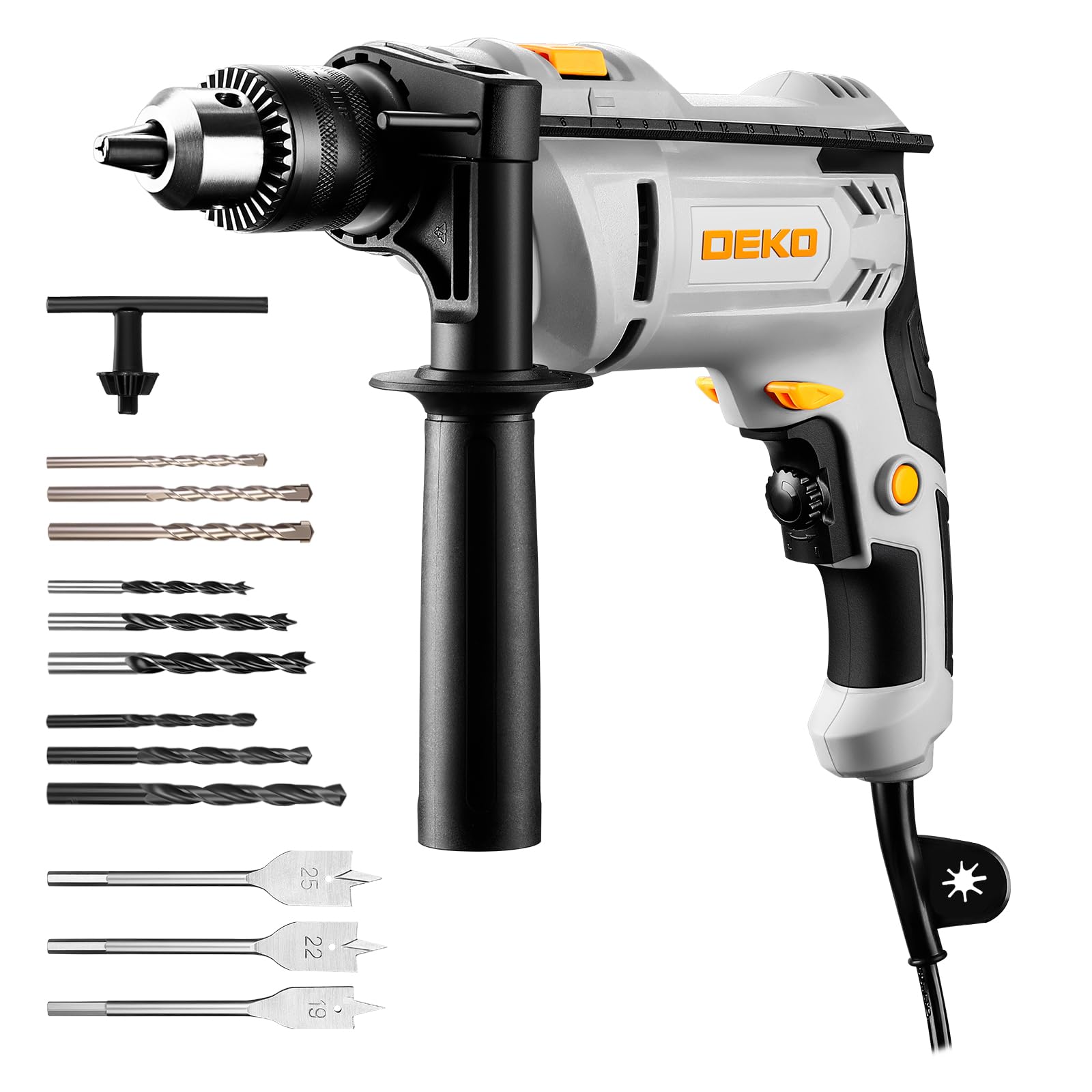 DEKOPRO 900W Corded Hammer Drill: 6 Speed Hammer Drill, 3000 RPM, 13 MM Chuck, 360° Swivel Handle, Includes 12 Drills, Suitable for Wood, Metal and Concrete