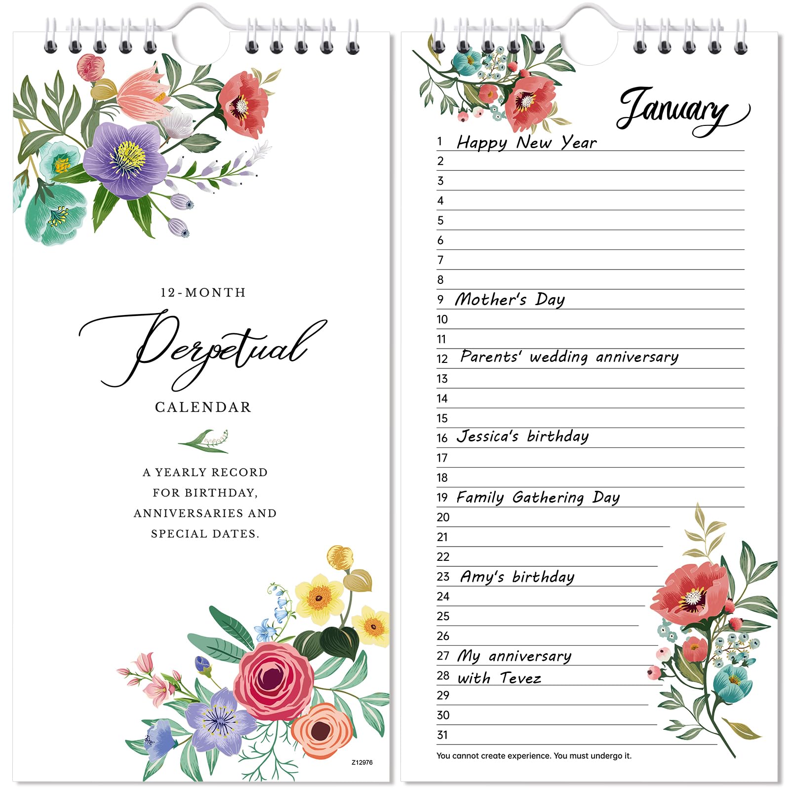 Perpetual Calendar - Undated Calendar 12-Month, 5'' x 10'' with Twin-wire Binding, Thicker Paper, Perpetual Calendar for Birthday, Anniversaries, Important Days, Festivals Reminder