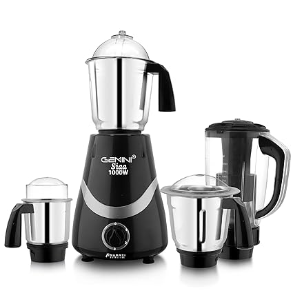 Gemini Latest New Model SIAA 1000-Watts Mixer Grinder with 100% Copper Motor with 3 Heavy Aluminium base Stainless Steel Jars and 1 ABS Juicer Jar 4R(Dry Jar, Chutney Jar, Liquid, Juicer Jar) Black-Silver