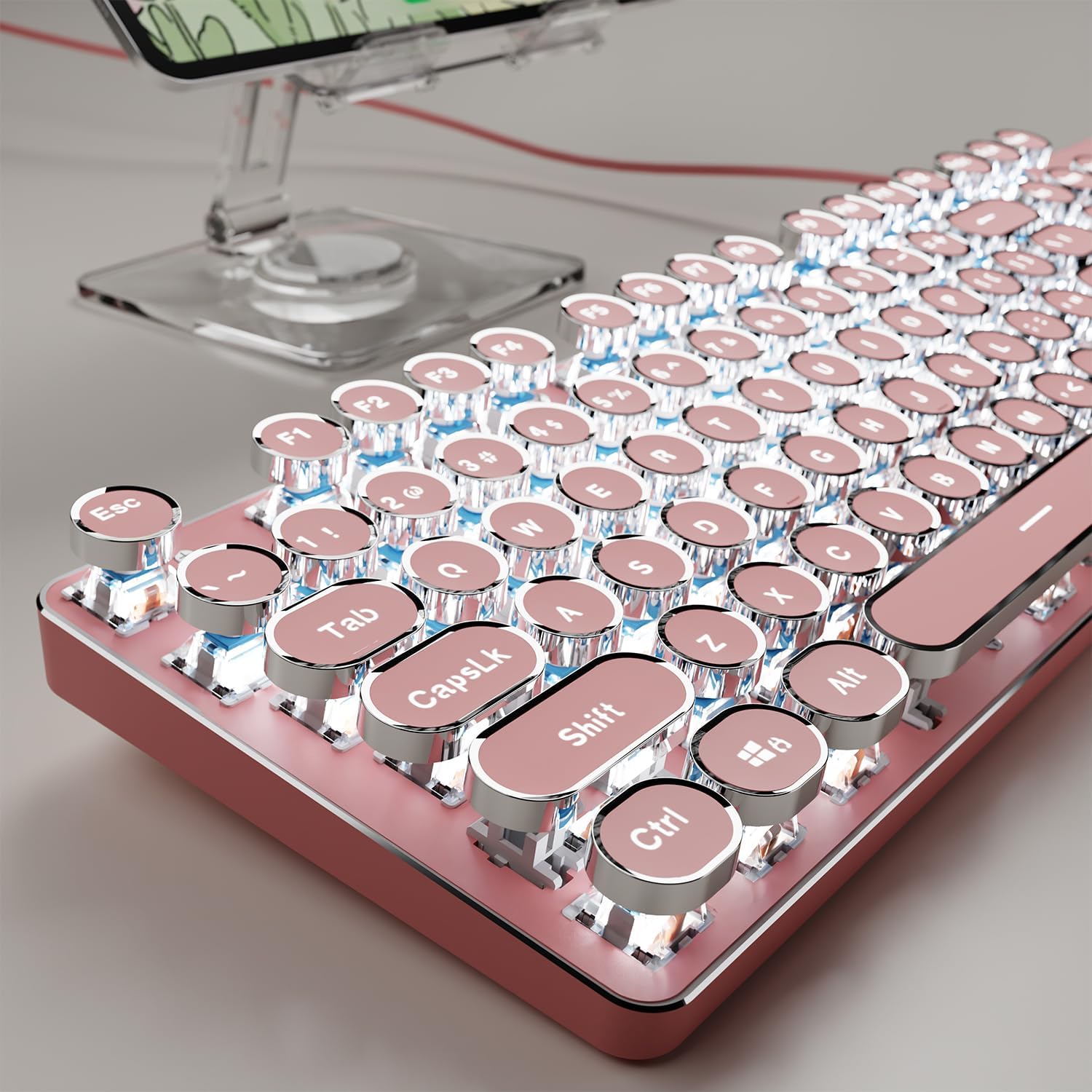 EWEADN TK100 Typewriter Keyboard Wired Mechanical Keyboard, 104 Keys Aesthetic Typewriter Keyboards with White Backlit, Anti-Ghosting, Blue Switch Wired Cute Keyboards-Pink Pink Typewrite