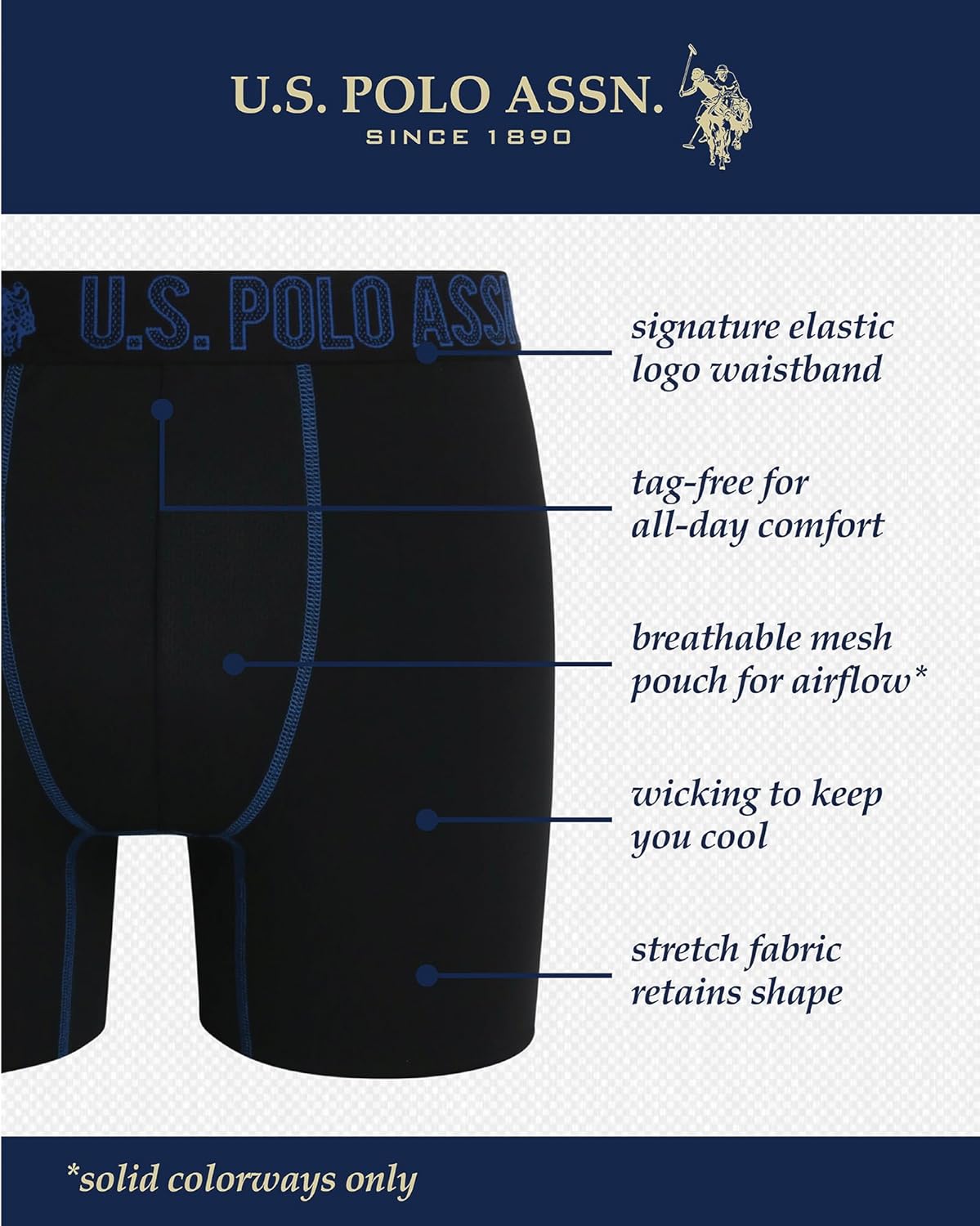 U.S. Polo Assn. Mens Boxer Briefs - 6 Pack 6" Inseam Moisture Wicking Performance Mens Underwear Boxers with Contour Pouch - Image 2