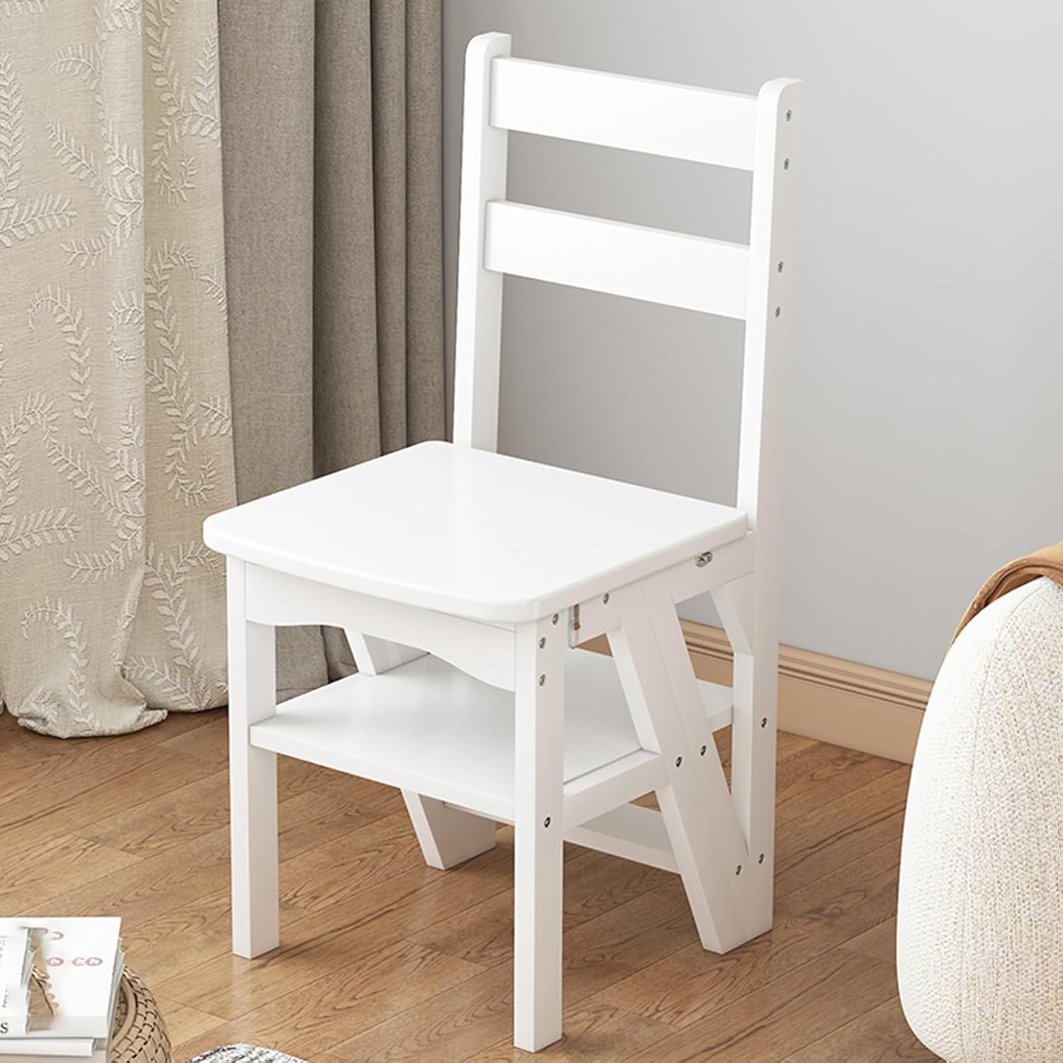 Wooden Folding Library Ladder Chair, 2 In 1 Lightweight Portable Multifunctional Step Stool, Protable 4-Step Library Ladder For Adults Office Home Kitchen Outdoor(Color:A)