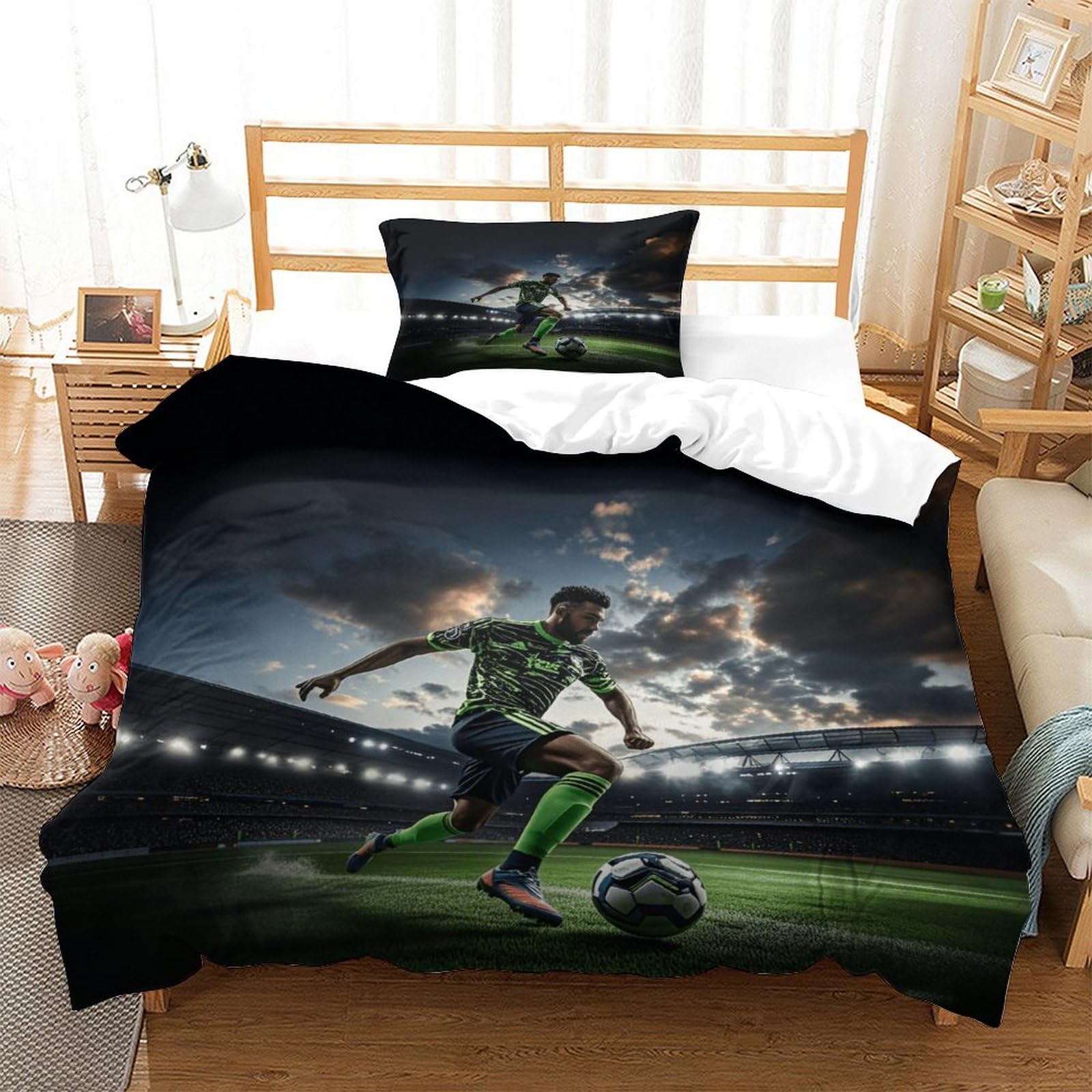 XiaopangXY Football Luxe Duvet Cover Set Hidden Zipper Soccer Quilt Cover Set with Pillowcases Bedding Set Soft Microfiber Comforter Cover for Kids & Adults Single（135x200cm）