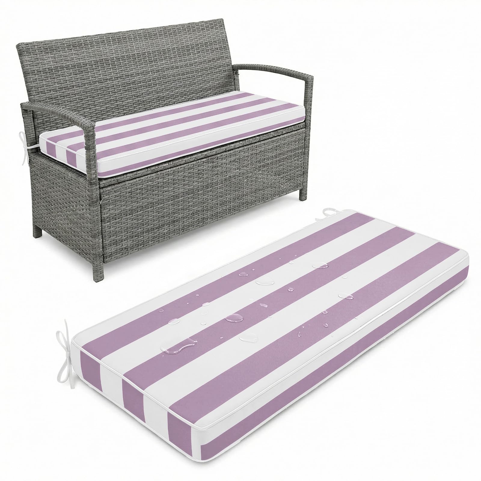 Aocase Waterproof 2/3/4 Seater Bench Cushion 95x50cm Indoor Outdoor Comfortable Extra Thick 5cm Garden Bench Rattan Cushion Pad with Removable Cover for Patio Lawn with Double Piping,Purple Striped