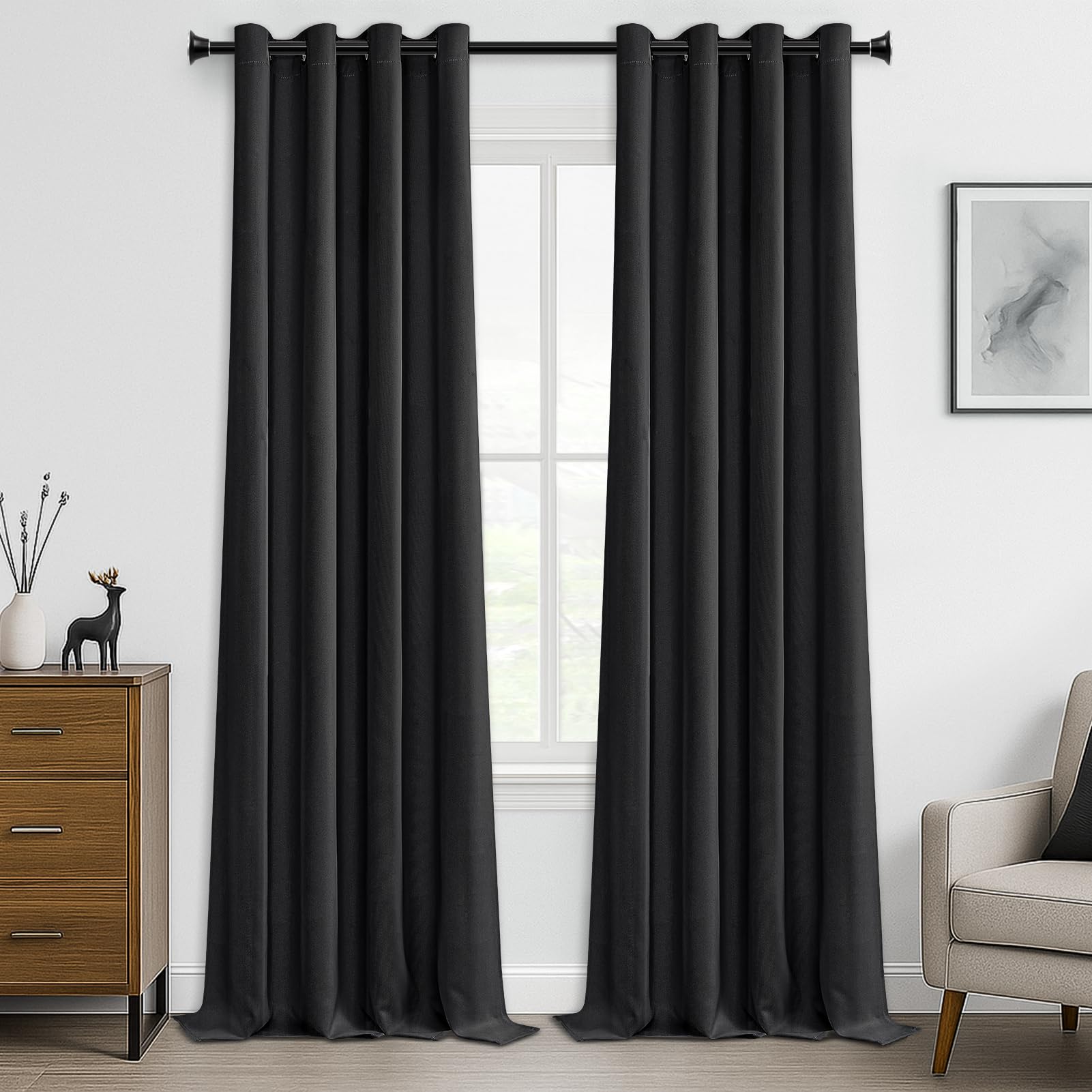 MRTREES Opaque Curtains, Thermal Curtains with Eyelets, Blackout Curtain, Eyelet Curtain, Short Modern Curtain, 245 x 140 cm (H x W), Black, Set of 2 for Hotels, Offices, Living Room, Bedroom