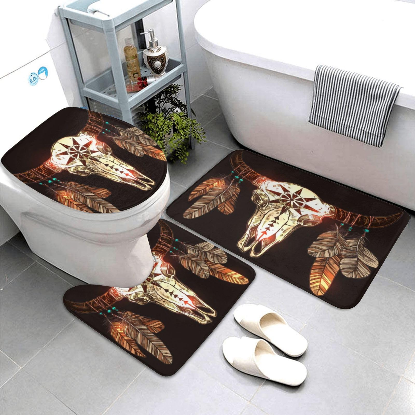 Housse d'abattant de toilette et tapis de salle de bain flanelle motif amérindien