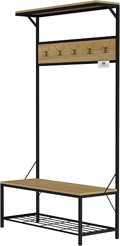 Miniatura 6 de Lavish Home Banco de entrada con muebles de hierro de asiento y madera con perchero de 5 ganchos, estante superior y almacenamiento inferior para