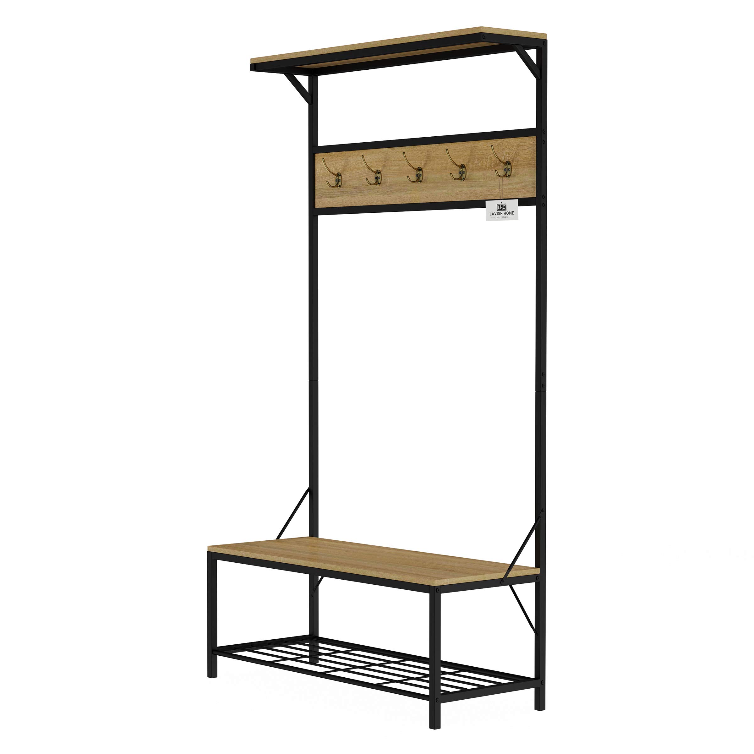 Lavish Home Metal Entryway Bench Hall Tree with Seat, Coat Hooks and Shoe StorageRustic