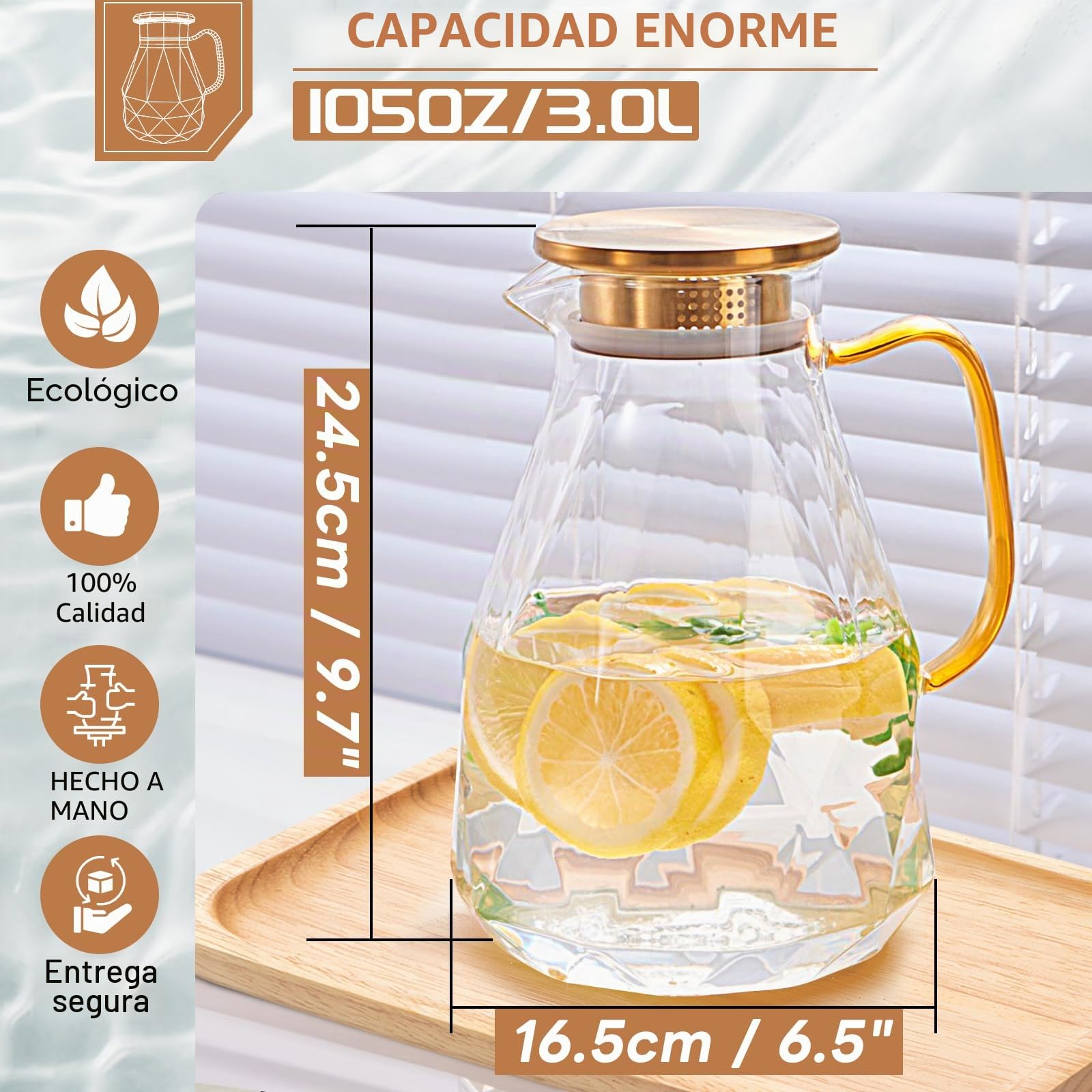 Jarra de cristal transparente de 3 litros con tapa, con forma de diamante, para frigorífico, apta para lavavajillas