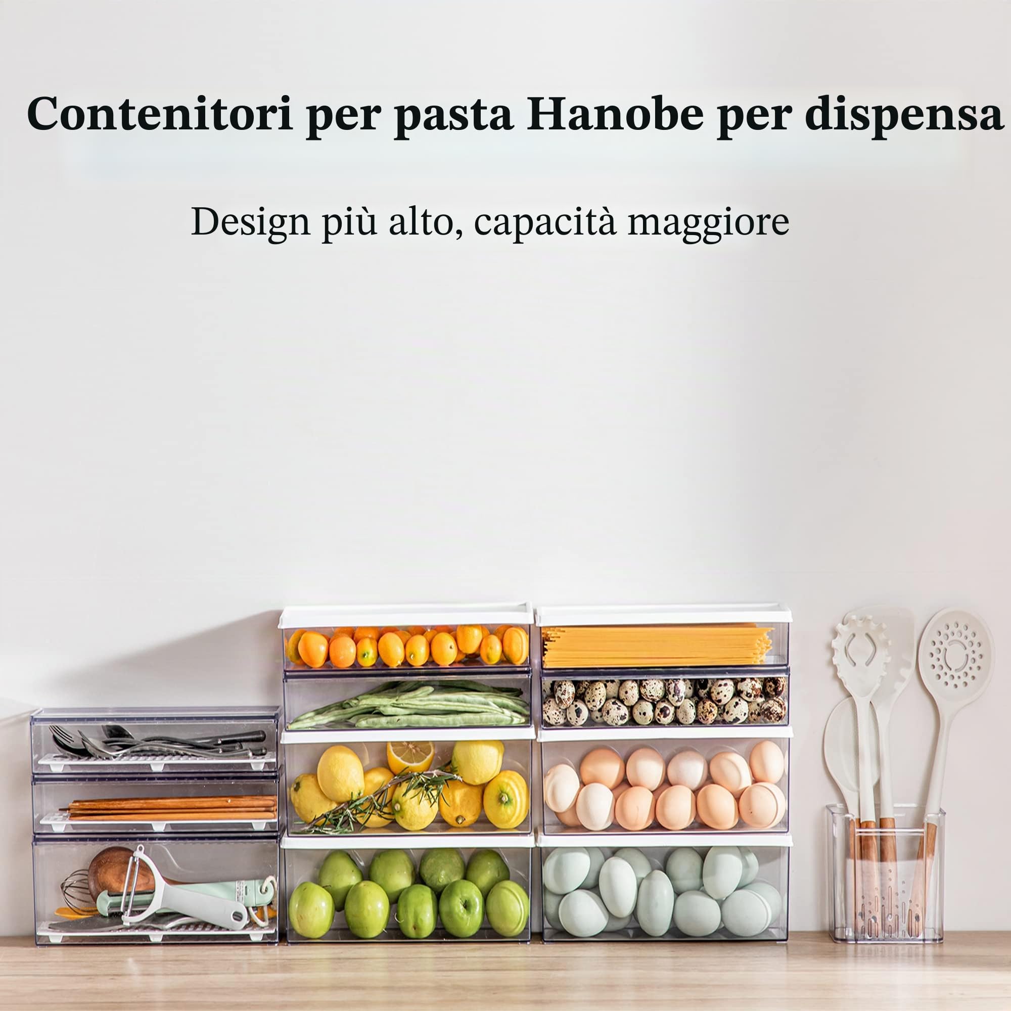 Hanobe Contenitori per pasta per dispensa, grandi contenitori per spaghetti, noodle e lasagne, 2 contenitori rettangolari in grigio trasparente con coperchio di chiusura, cucina, piano di lavoro