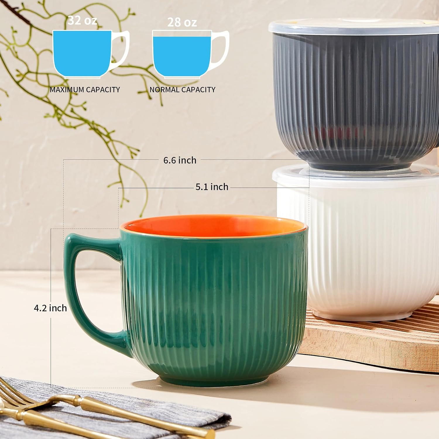 Ceramic Soup Bowls with Handle, 32oz Large Soup Mugs with Lids, 5 inch Wide Microwave Safe Soup Cups for Soup, Oatmeal, Gumbo, Salad,Instant Noodles, Dishwasher Safe- Set of 2 (Green&Gray)